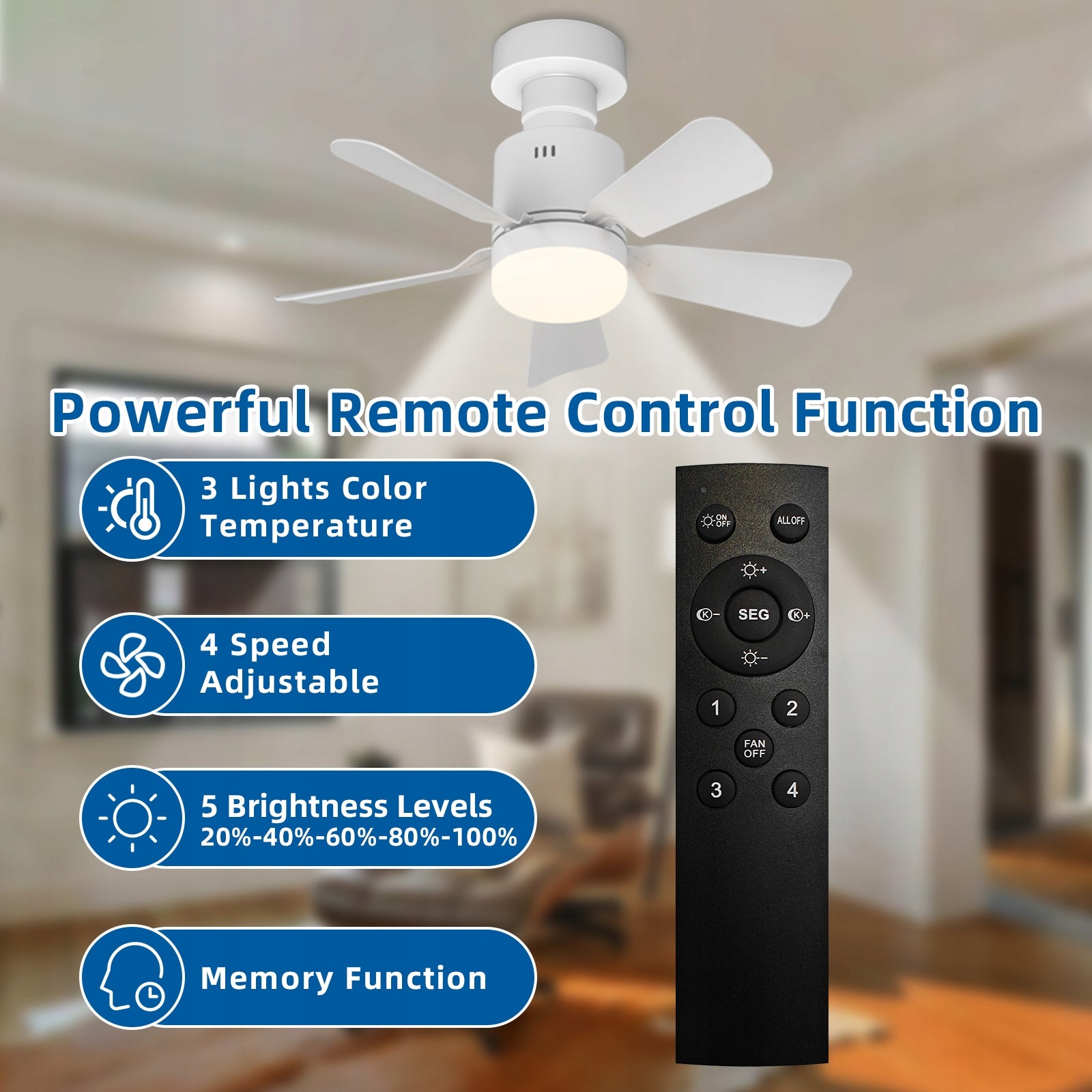 Ceiling Fan with LED Lamp E27 Remote Control Silent Chandelier for Kitchen Bedroom Fan type ceiling