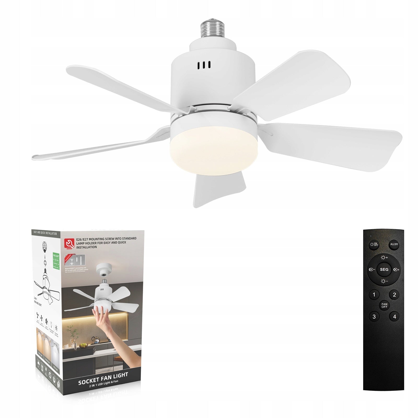 Ceiling Fan with LED Lamp E27 Remote Control Silent Chandelier for Kitchen Bedroom