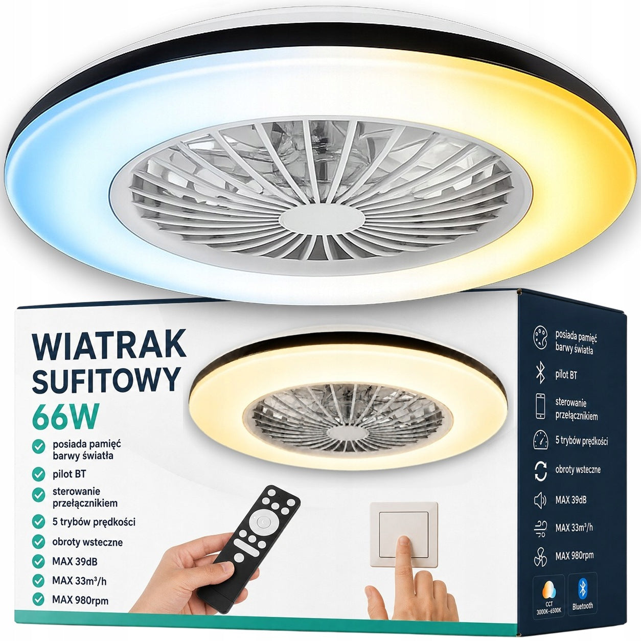 Ceiling fan LED lamp 66W CCT color memory remote control 48cm white
