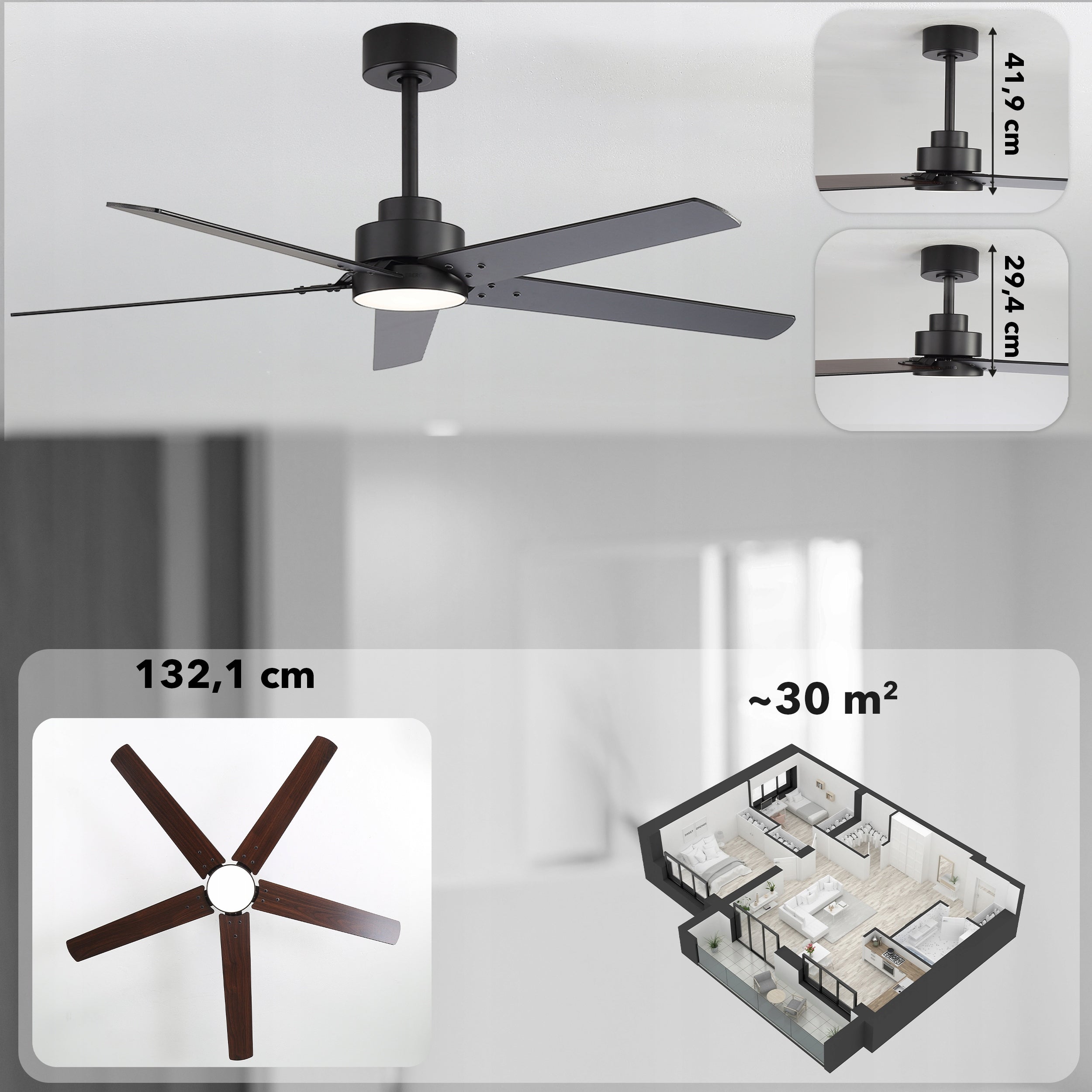 Ceiling fan with lamp EBERG STX 6 speed silent fan 132cm remote control Model Wentylator sufitowy z oświetleniem