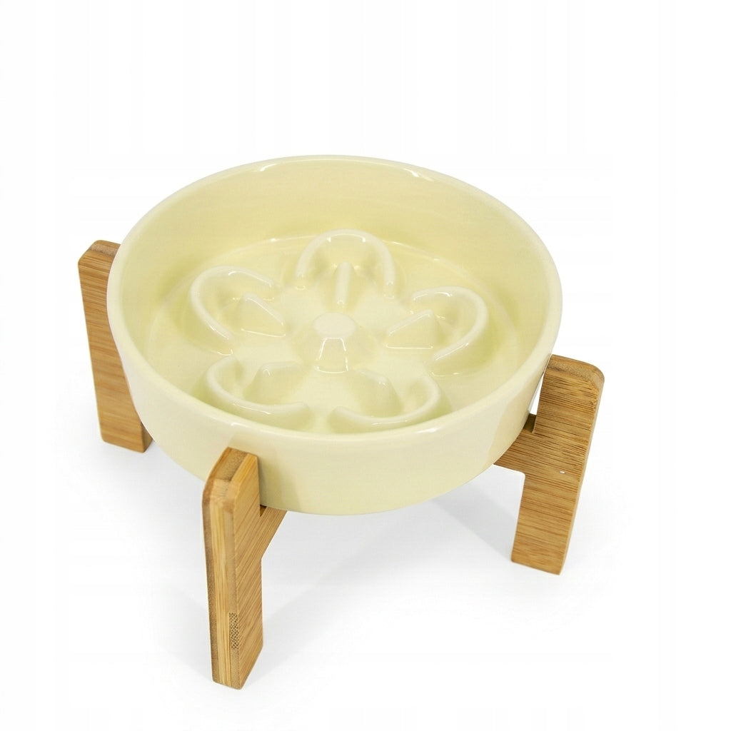 Ceramic Cat Dog Food Slowing Bowl Wooden Stand