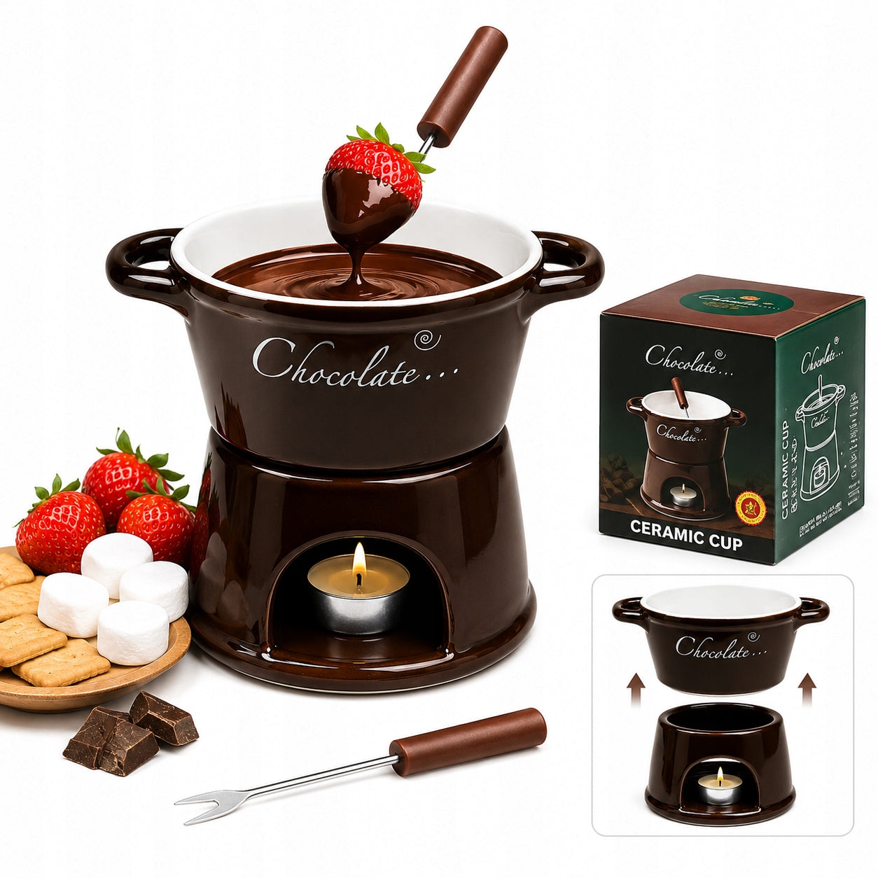 Ceramic Fireplace for Chocolate Sweet Fondue Cozy Evening Blanket