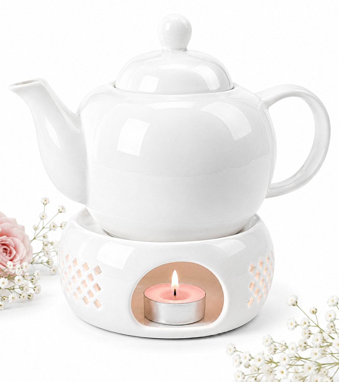Ceramic JUG 1L Tea INFUSER STRAINER + HEATER SET