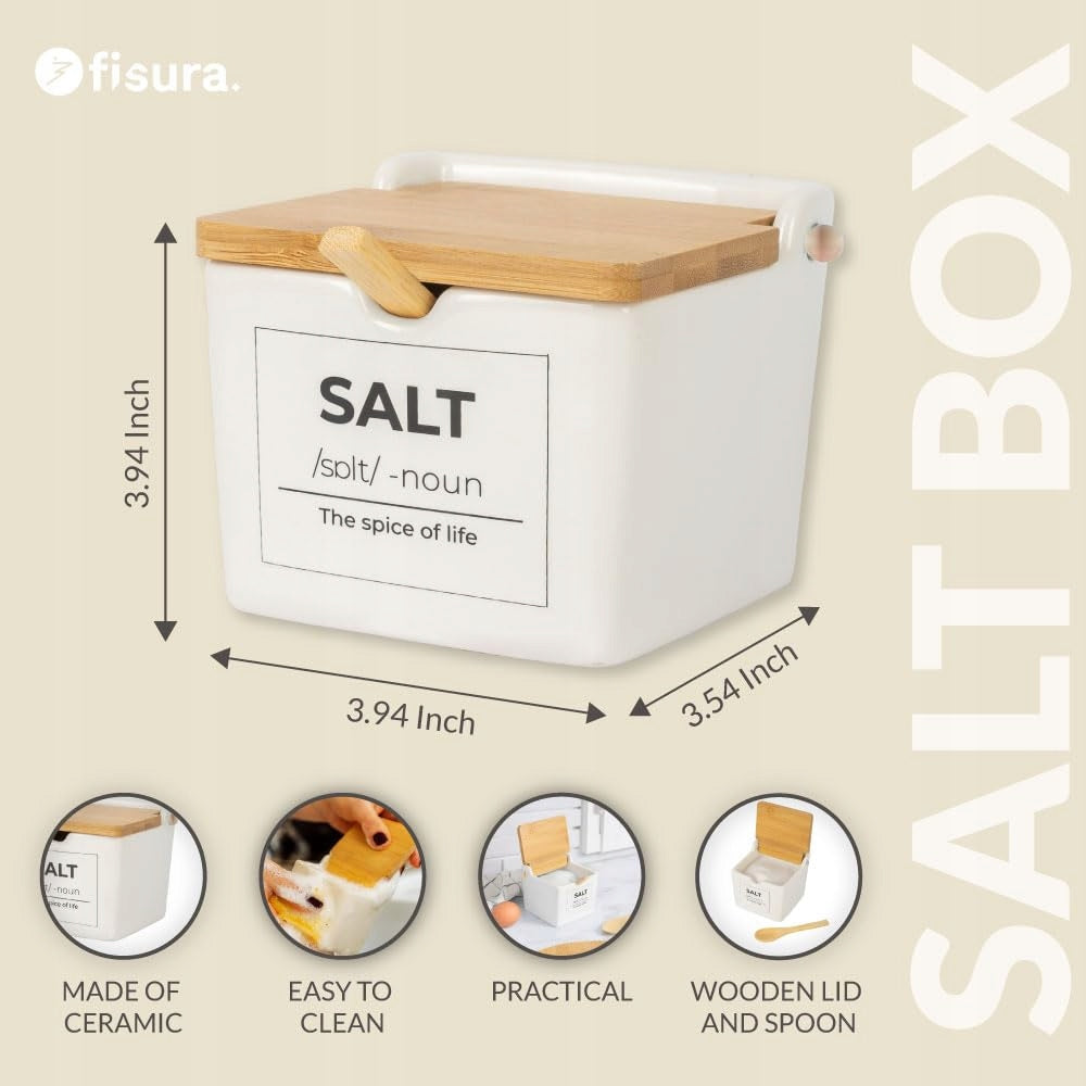Ceramic Salter with Lid and Teaspoon White 680 ml Square Brand Fisura