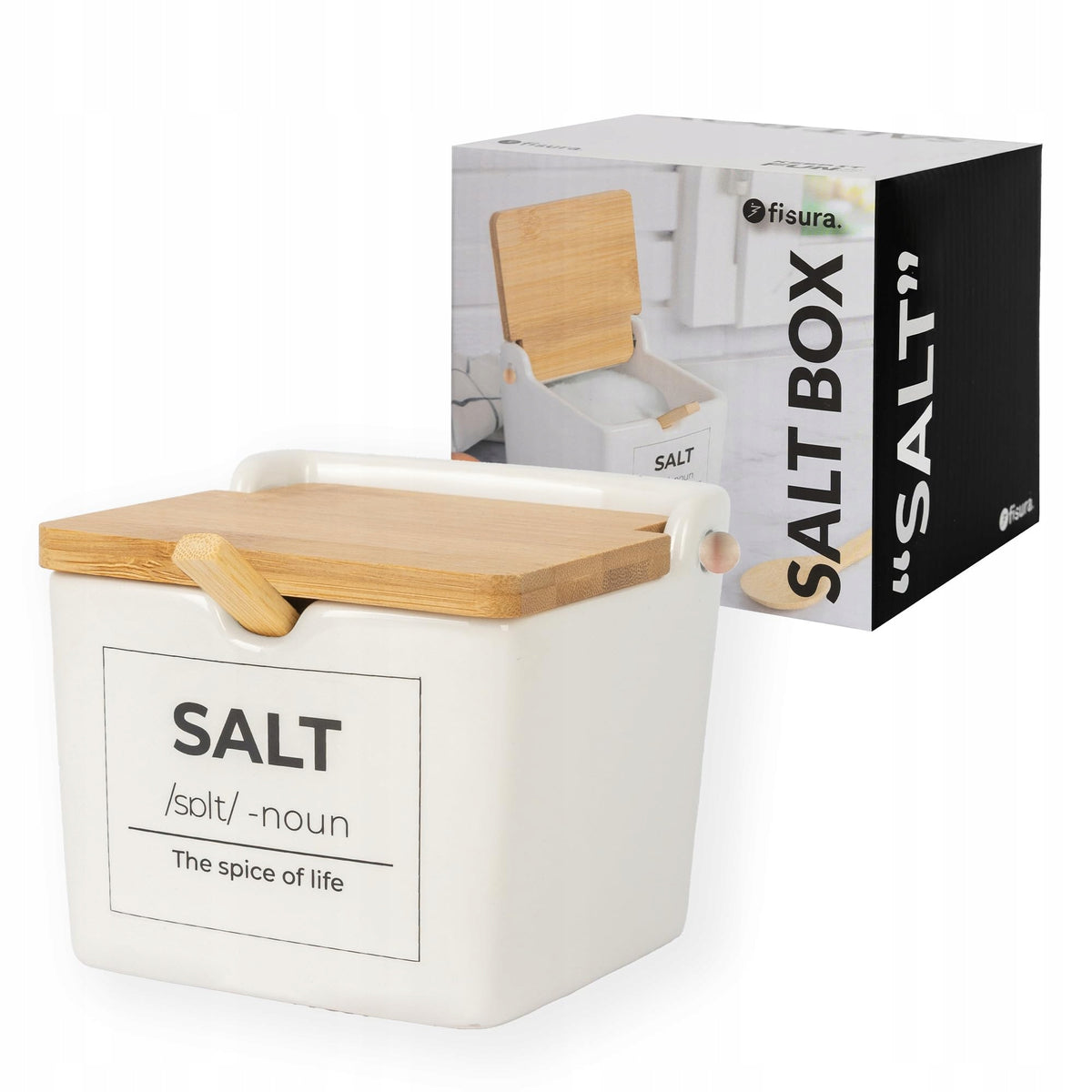 Ceramic Salter with Lid and Teaspoon White 680 ml Square