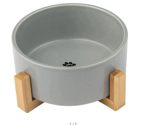 Ceramic bowl for dog and cat 850 ml on bamboo stand Zoofari Grey