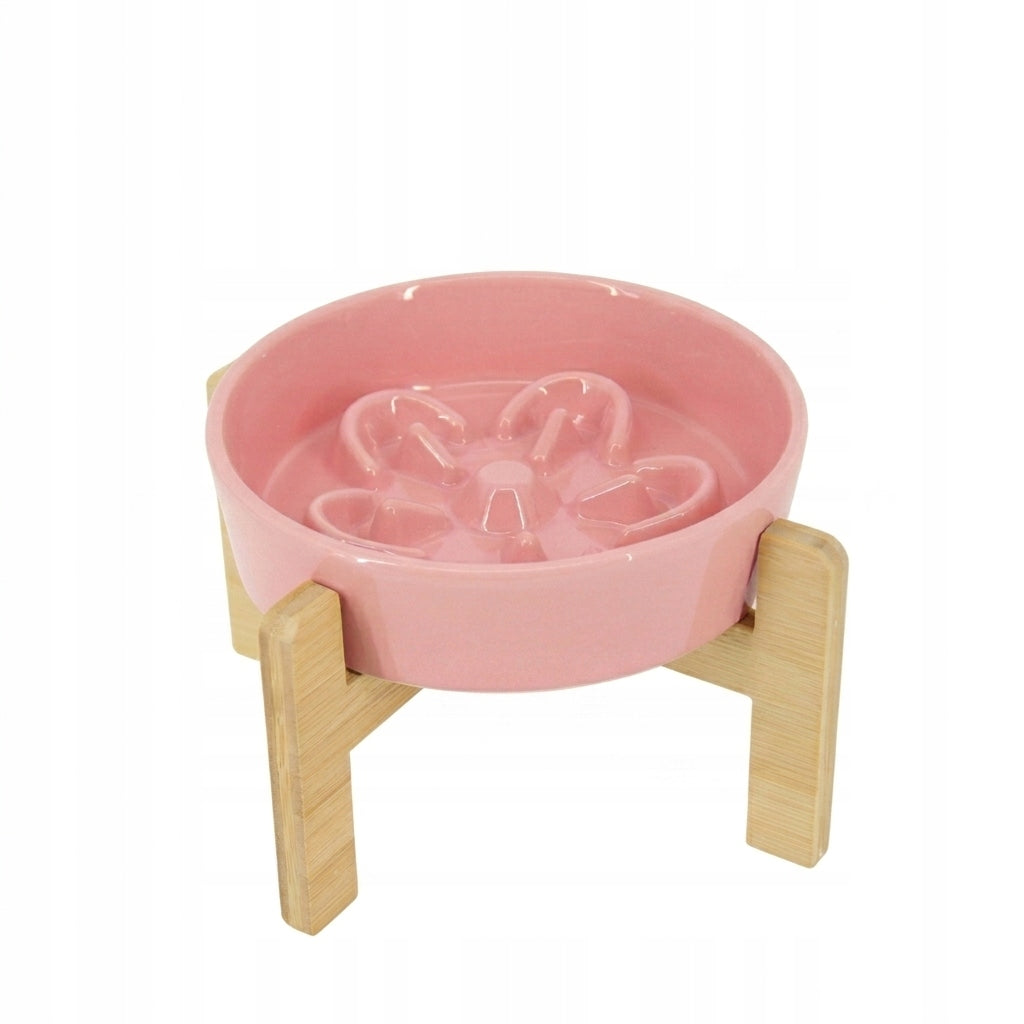 Ceramic bowl slowing down cat dog food pink on stand