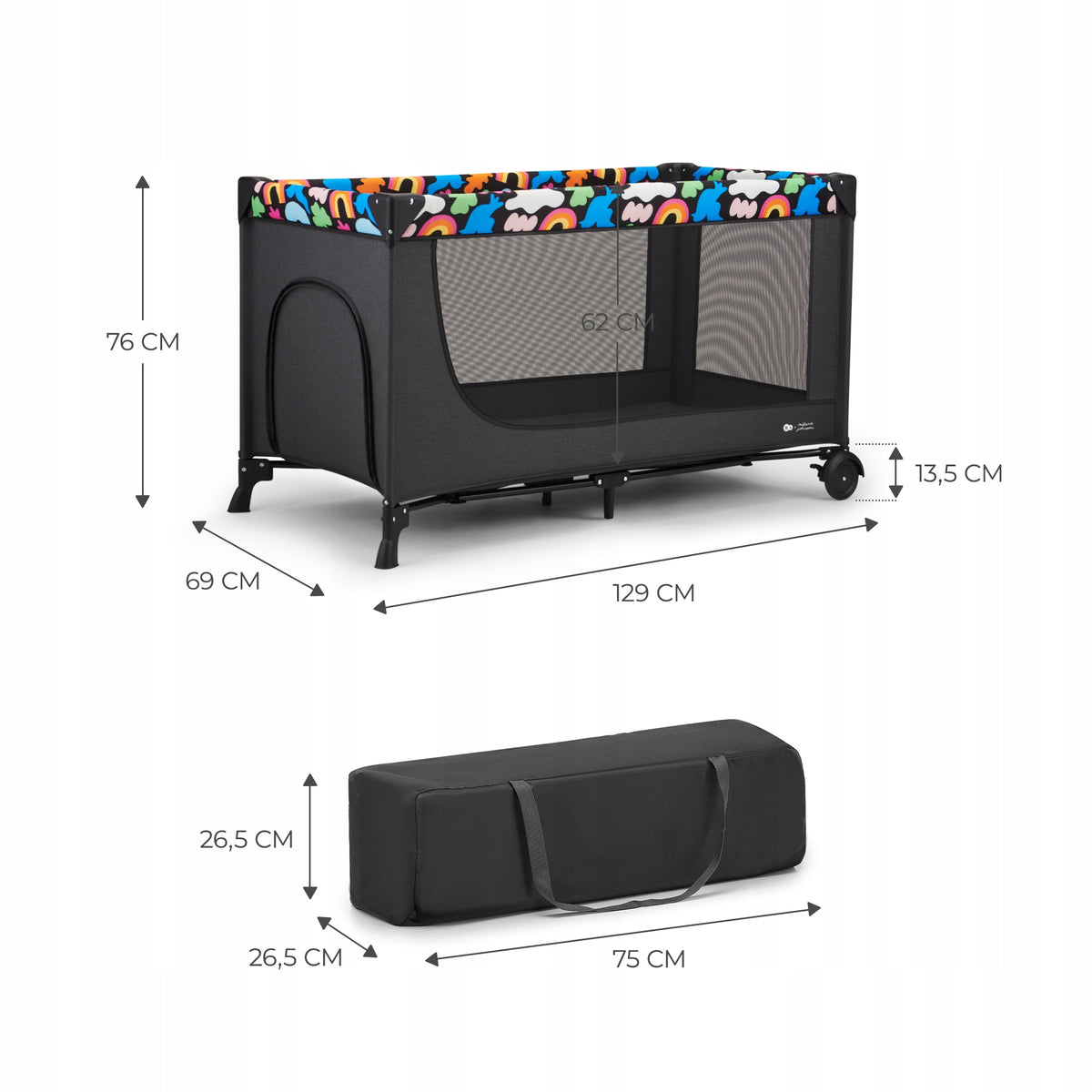 Cestovná postieľka Kinderkraft JOY 2 2v1, Happy Shapes, 129×73×76,5 cm Packaging status original