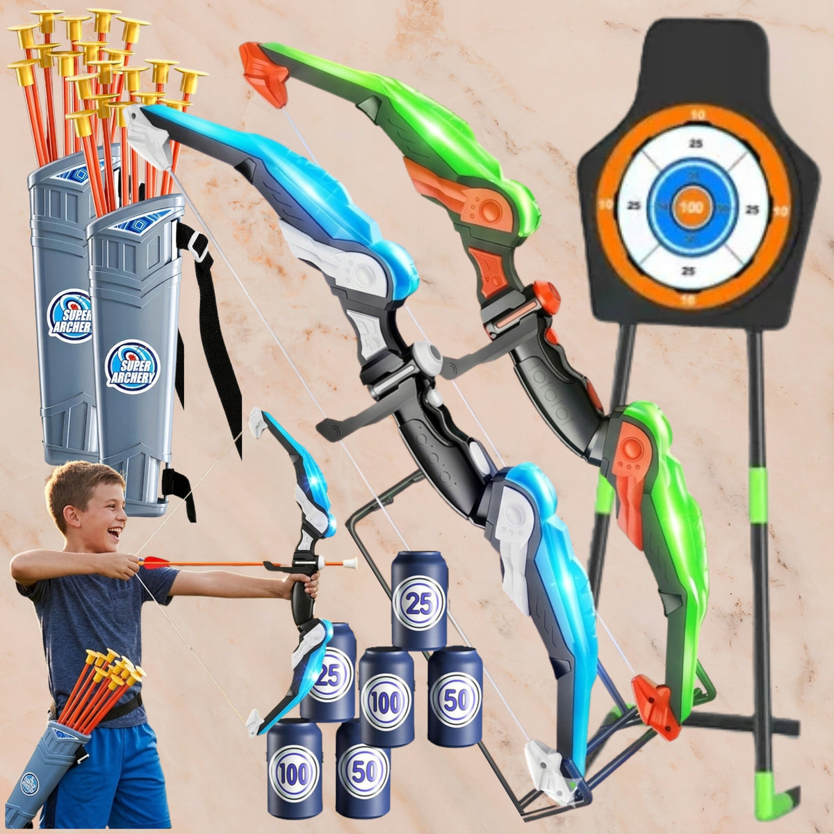 Children's Bow 2X Glowing LED 20 Shot Shield Target Quiver Can Set Packaging status original