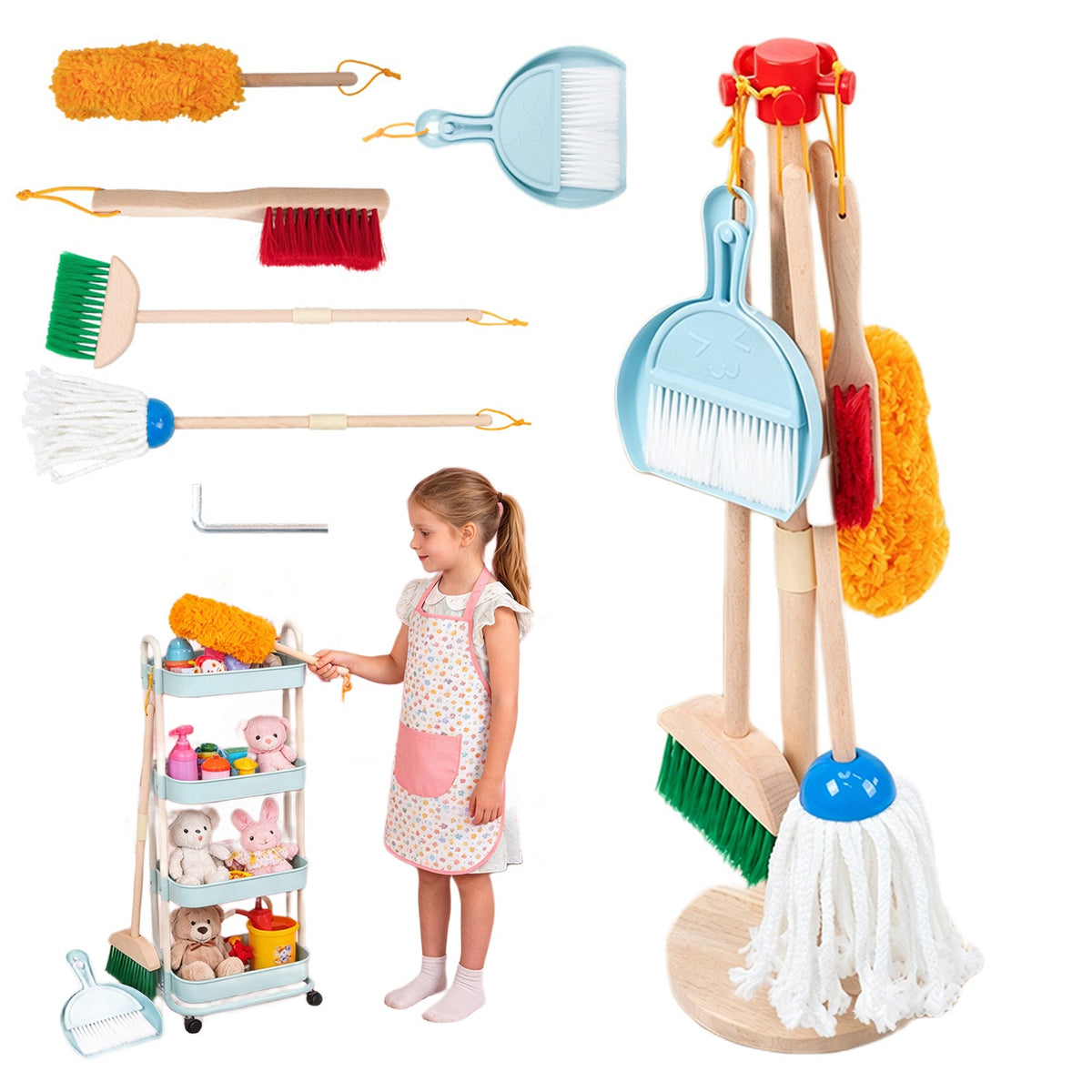 Children's Cleaning Set Wooden, Broom and Drawer, Mop, Stand