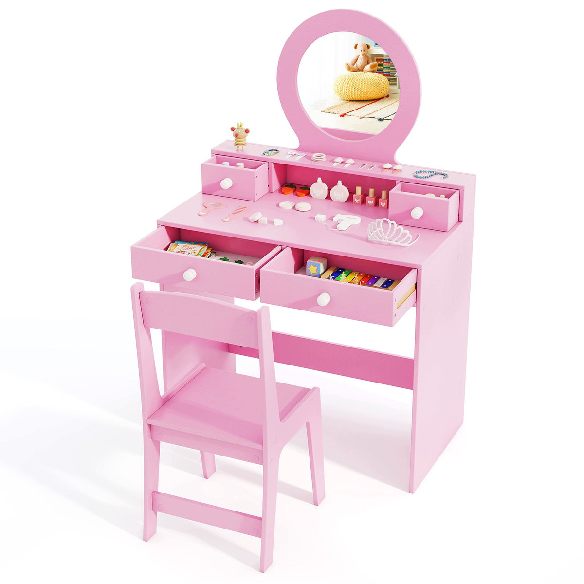 Children's Dressing Table Children's Dressing Set with Mirror and Chair Pink