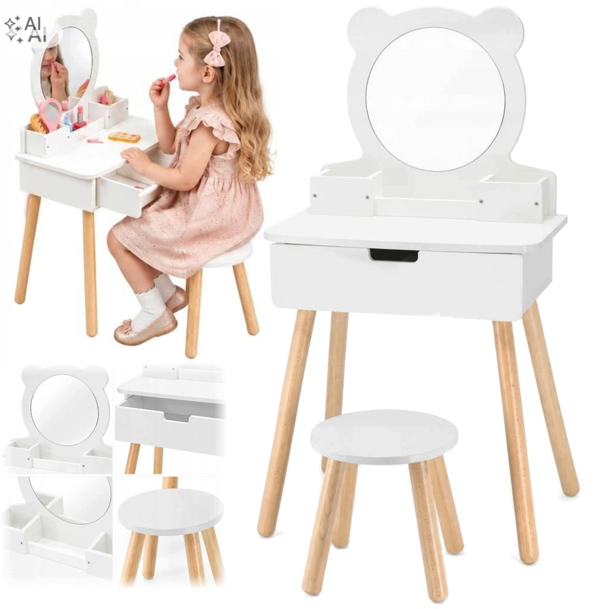 Children's Dressing Table Girls Mirror Highchair Drawer White