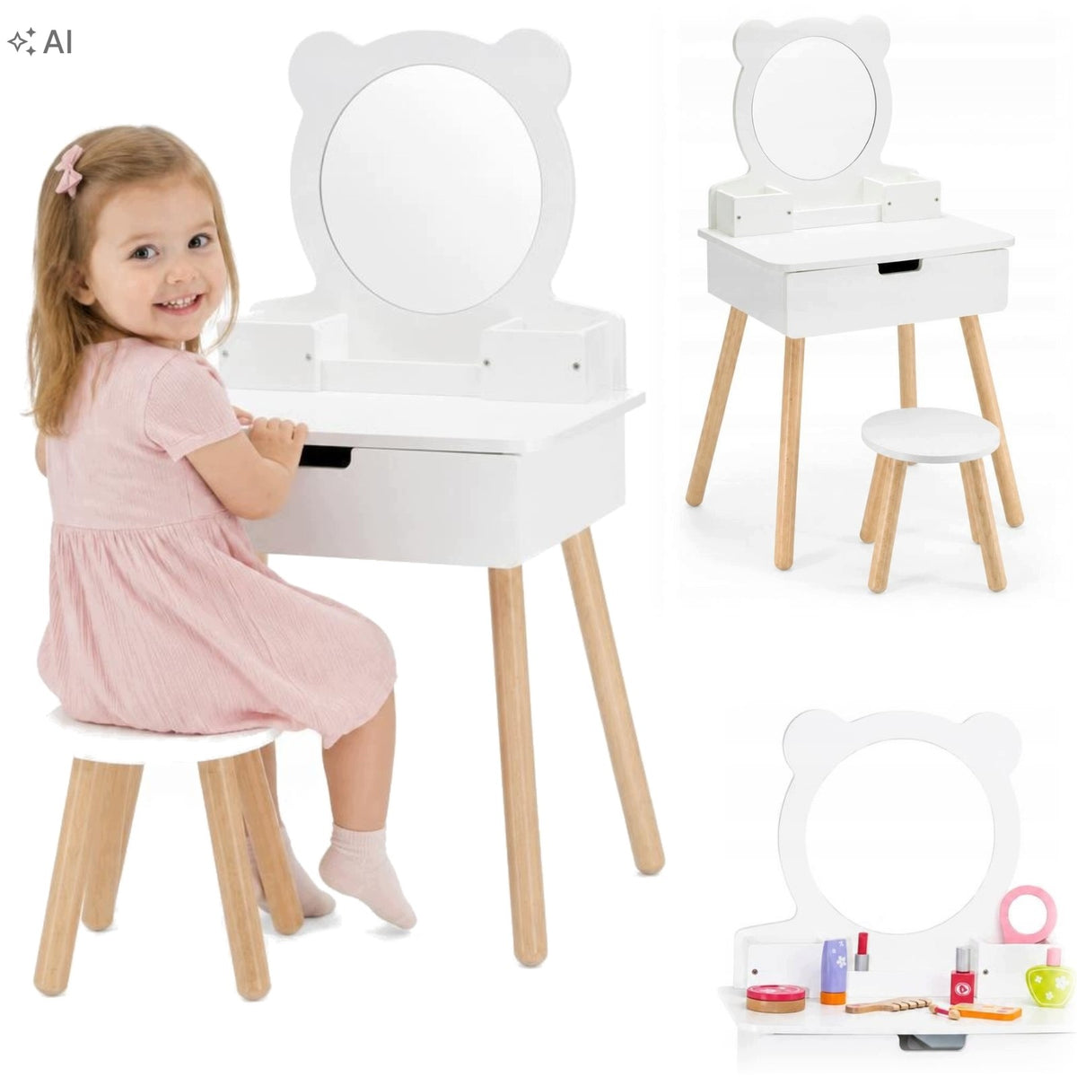 Children's Dressing Table With Mirror Chair Set Girls Wooden White