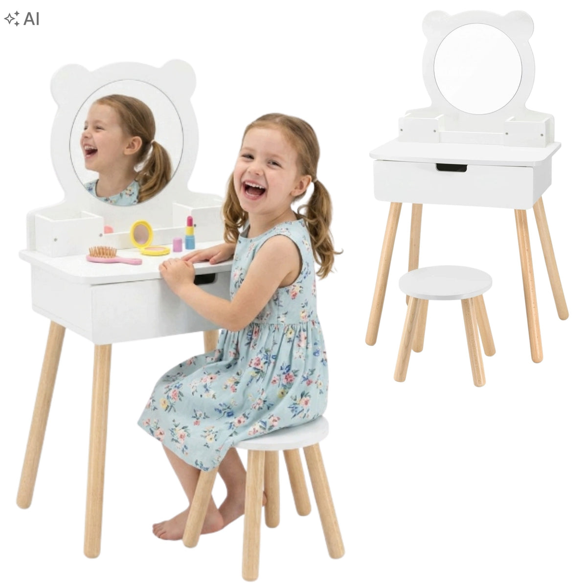 Children's Dressing Table With Mirror Stool 50cm For Girls Wooden White