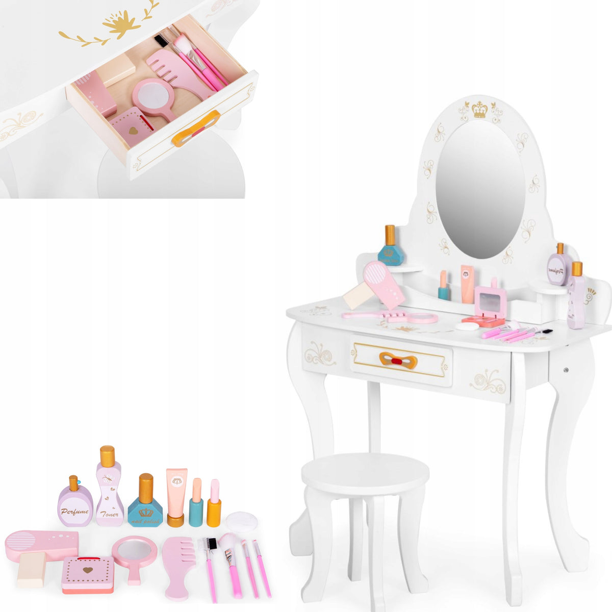 Children's Dressing Table Wooden with Mirror for Girls Stool Accessories