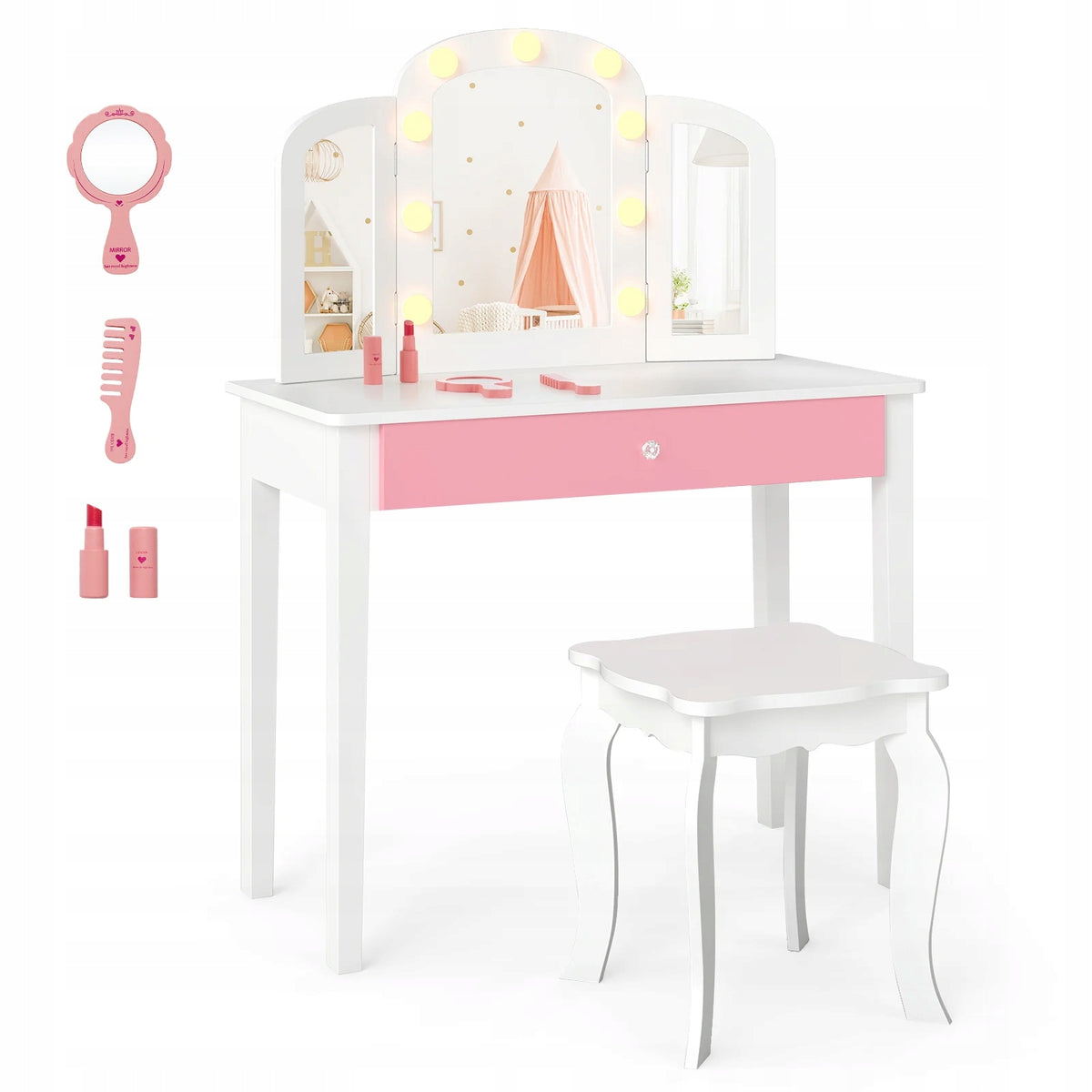 Children's Dressing Table with Lighting and Stool Makeup Dressing Table