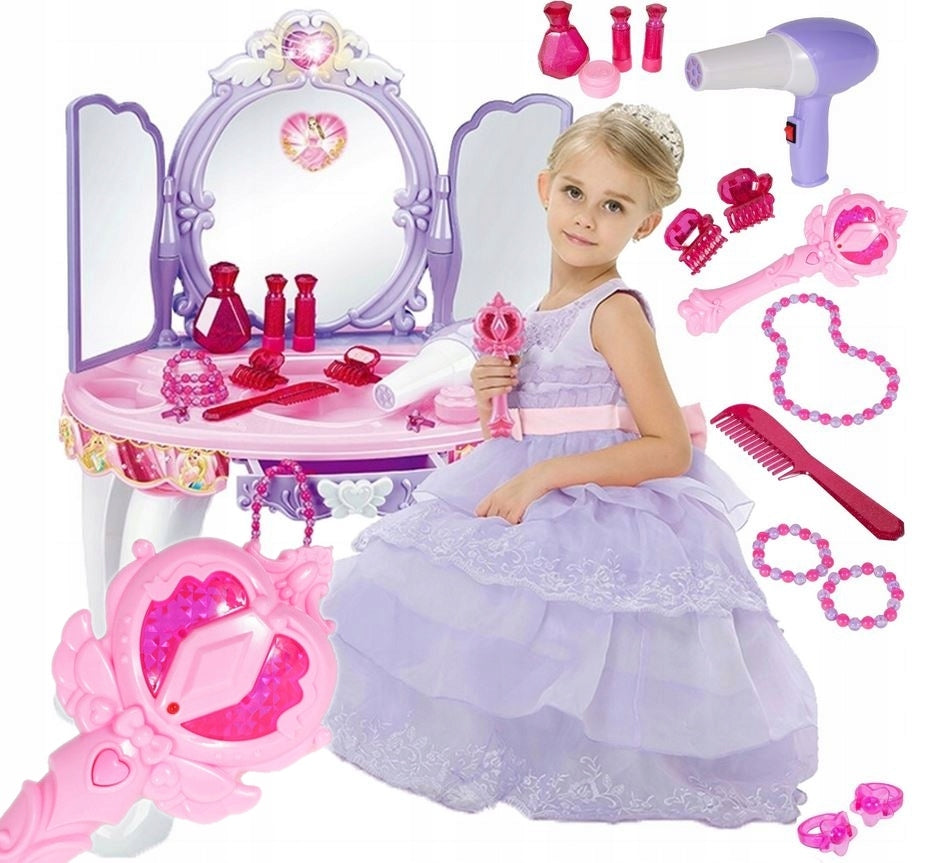 Children's Dressing Table with Mirror Beauty Salon Stool Dryer Wand-Pilot Packaging status original