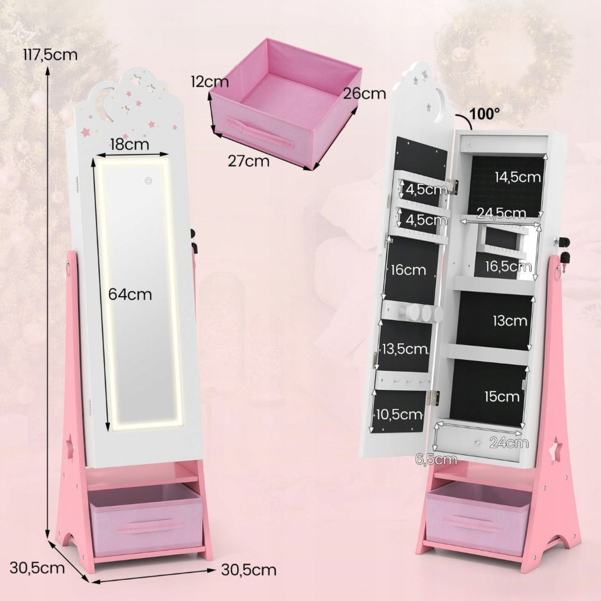 Children's Jewelry Cabinet with Lighting and Mirror Small Dressing Table Brand Costway