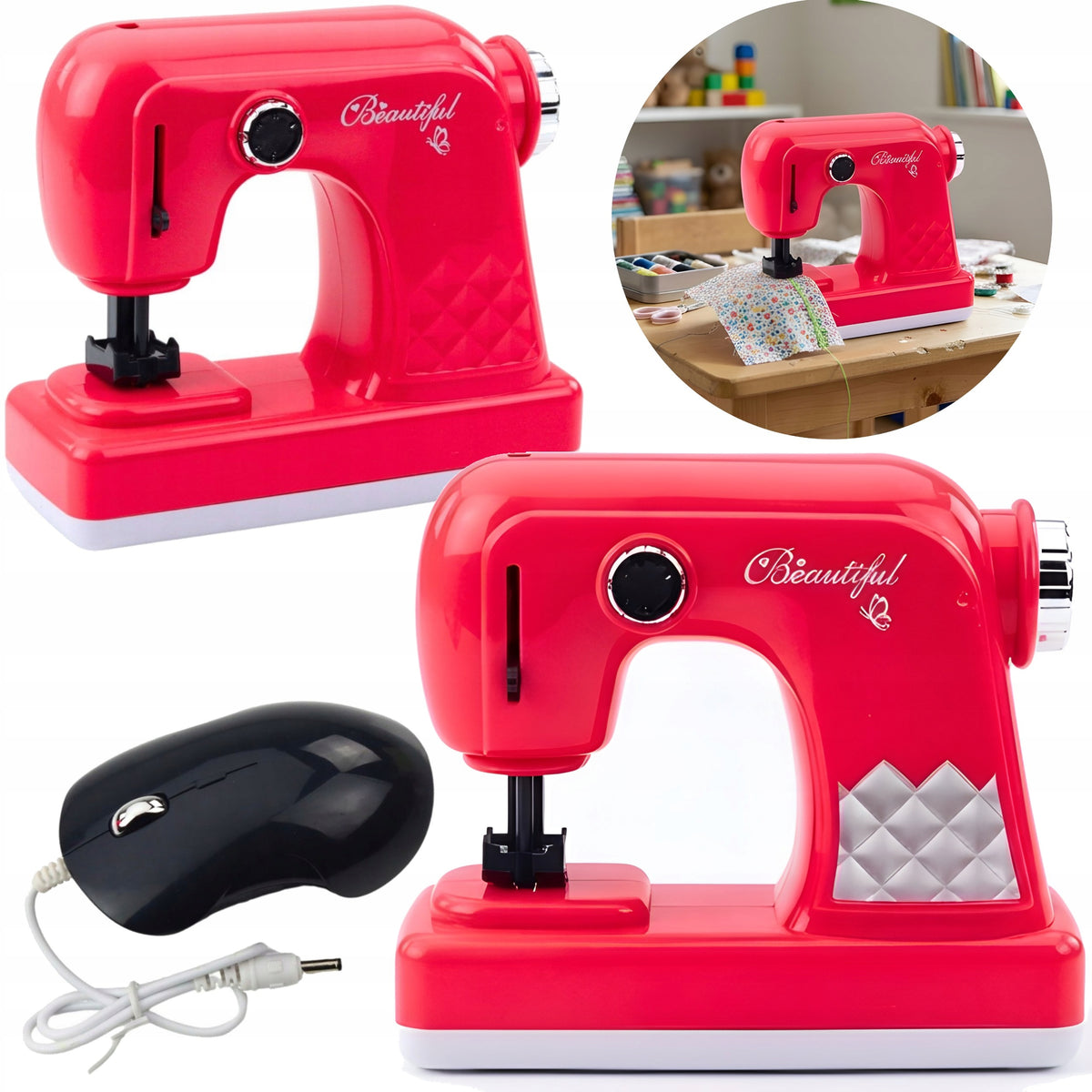 Children's Sewing Machine 14 cm Pink Toy Mouse Light Sound