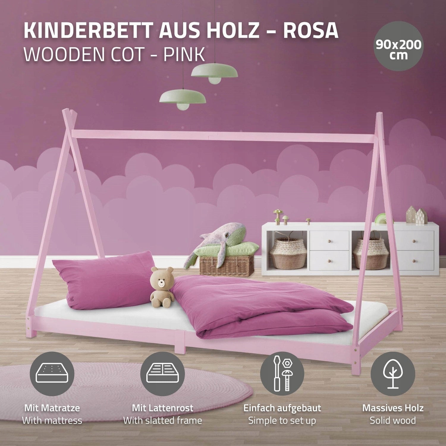 Children's bed Tipi 90x200 cm pink with wood Brand ECD-Germany