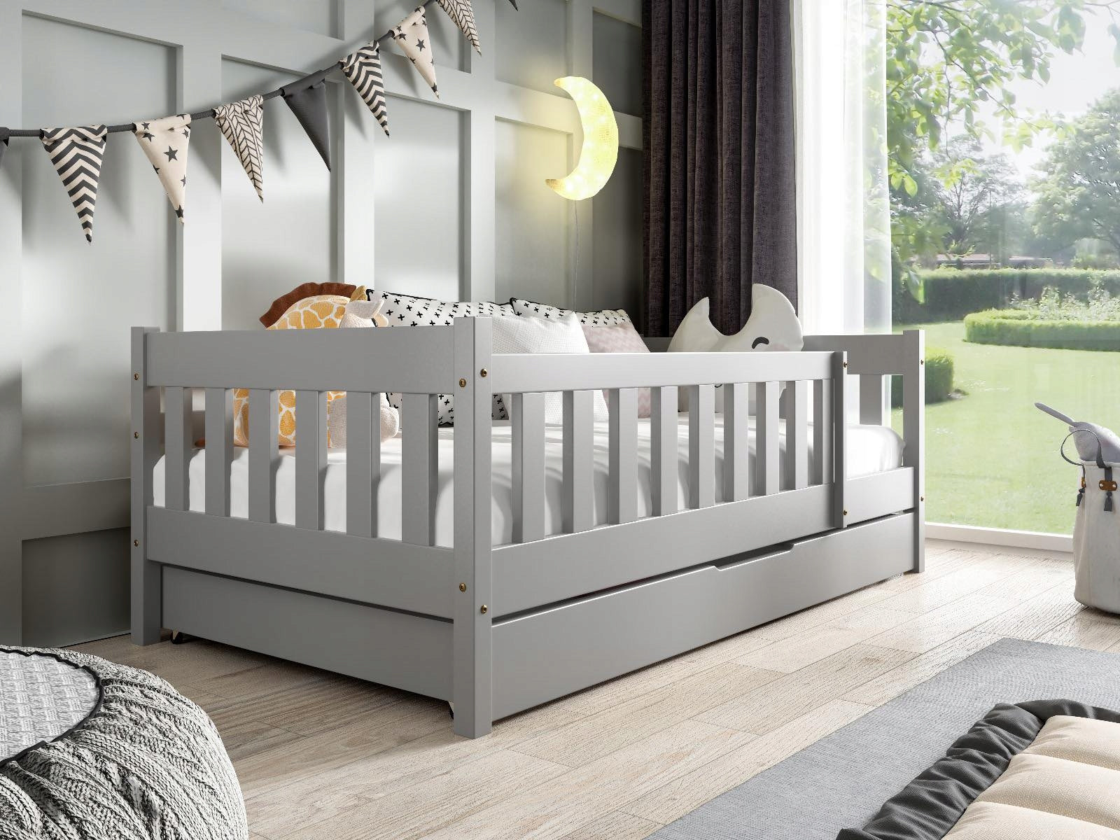 Children's bed low FIELDS grey 160x80 drawer
