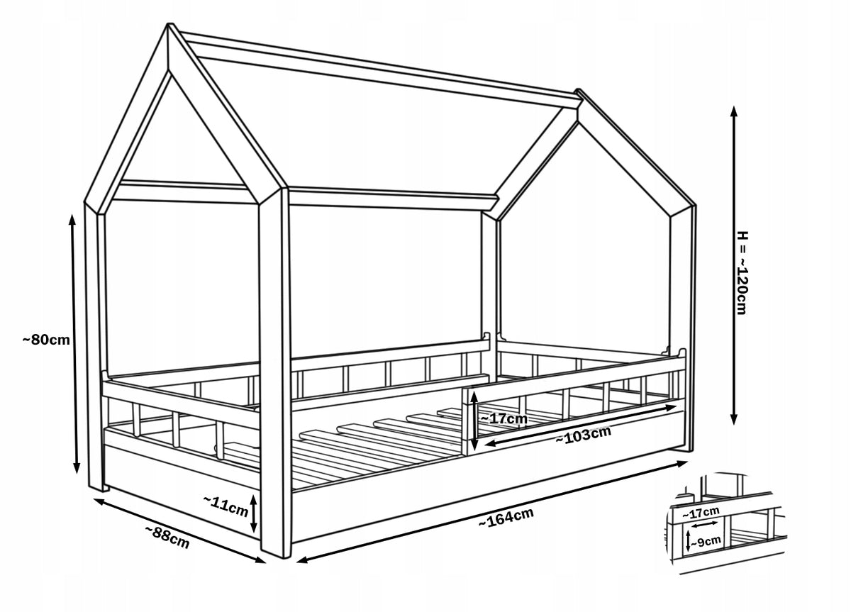 Children's bed wooden cottage with barriers and entrance 160x80 cm white Manufacturer code 27530/1