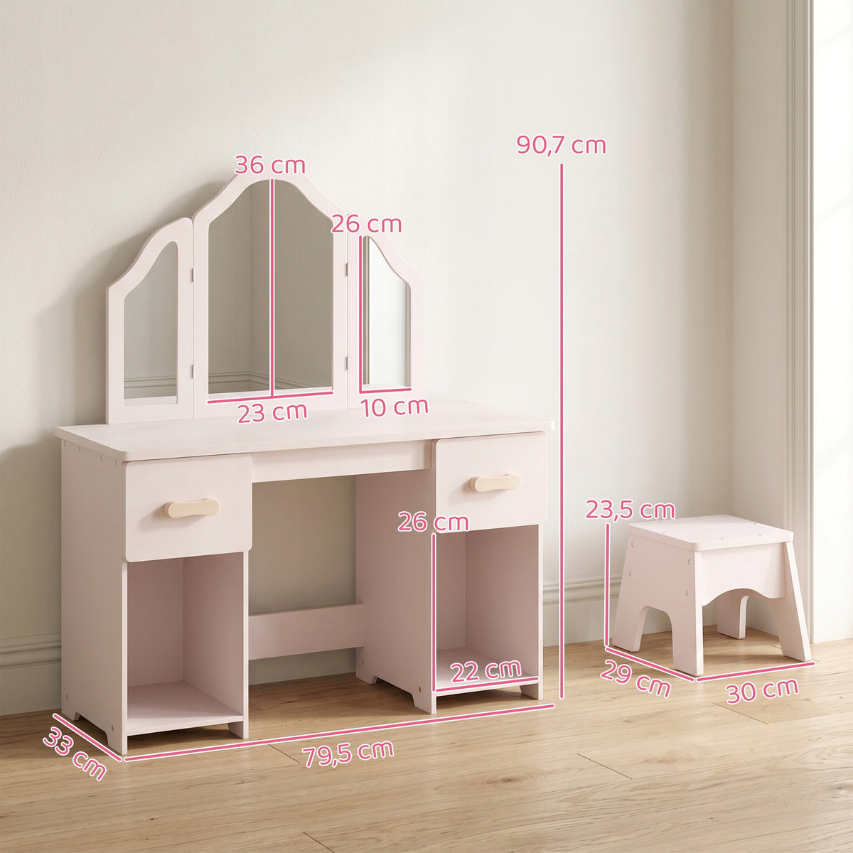 Children's dressing table AIYAPLAY 2 in 1 with stool, 2 drawers, 2 cabinets, mirror Packaging status original