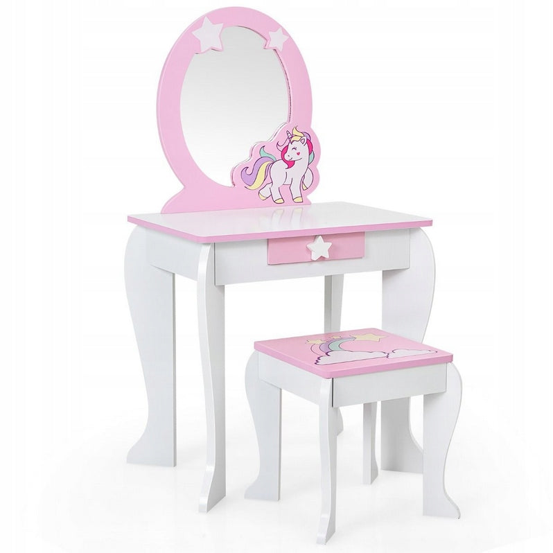 Children's dressing table for girls white and pink with mirror drawer stool Brand Costway