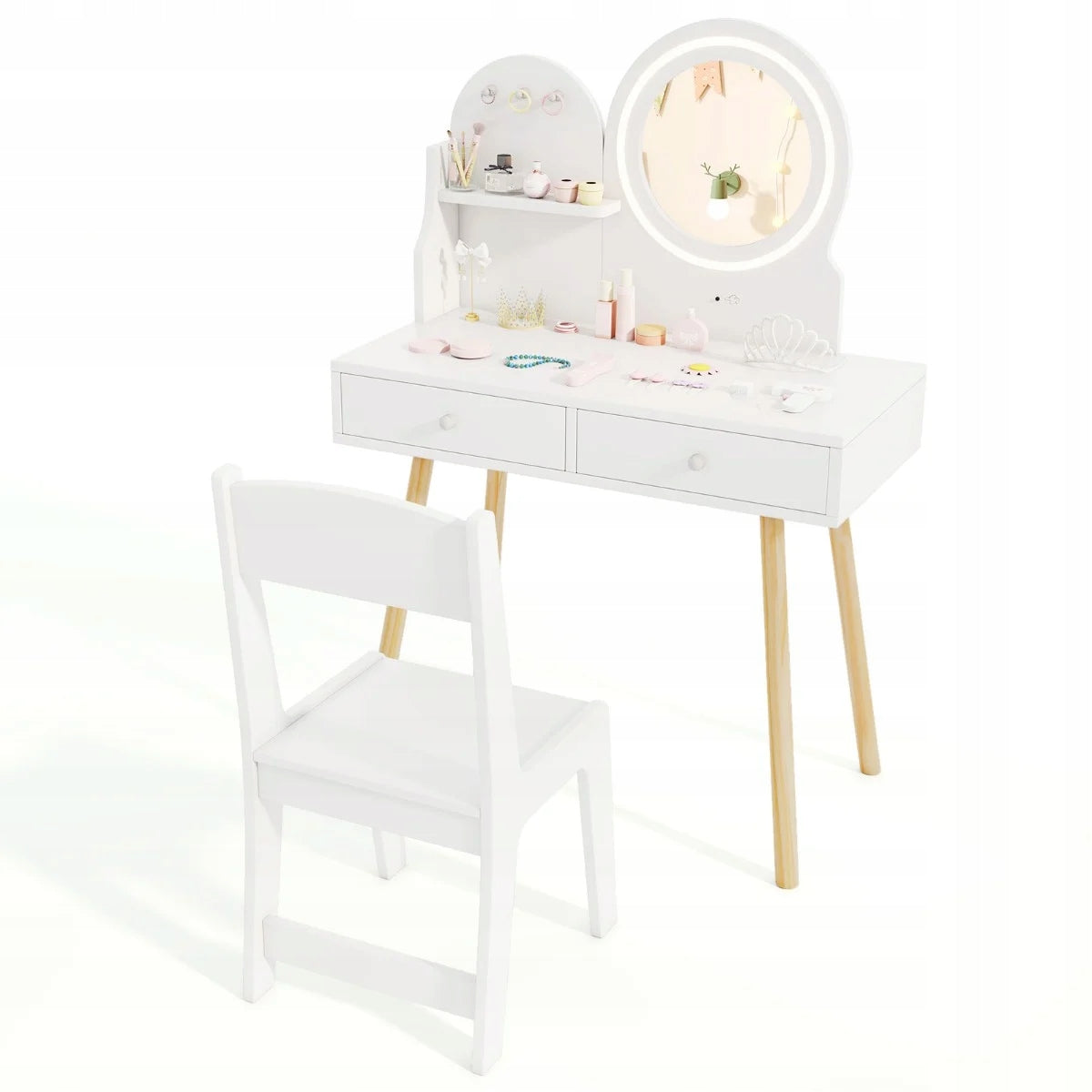 Children's dressing table with lighting and chair white