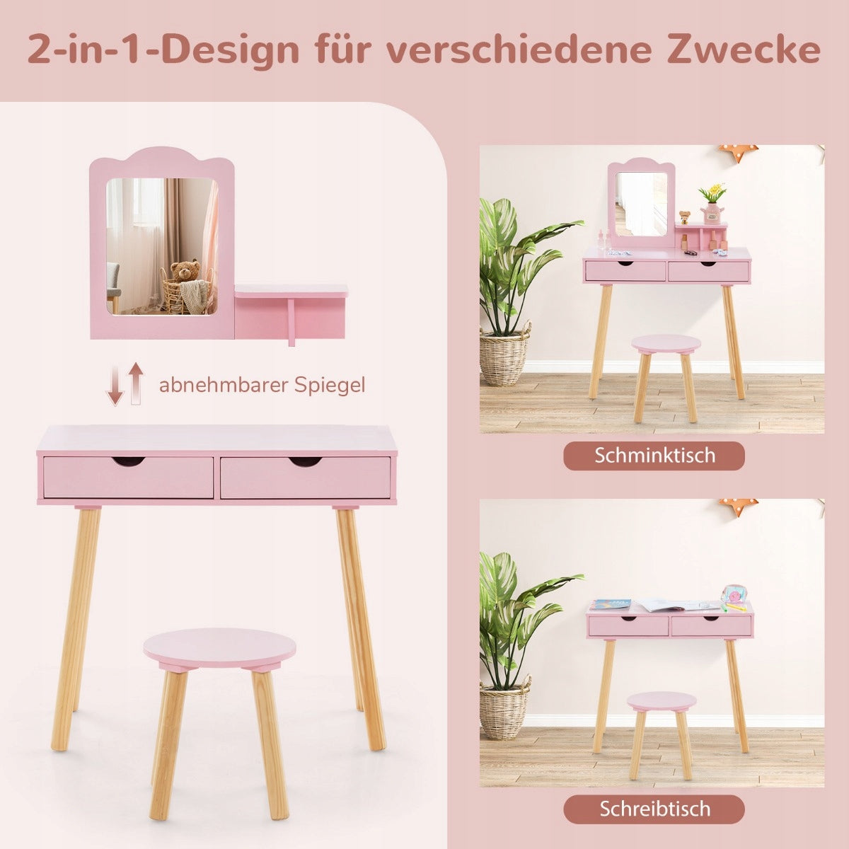 Children's dressing table with stool pink Brand Costway