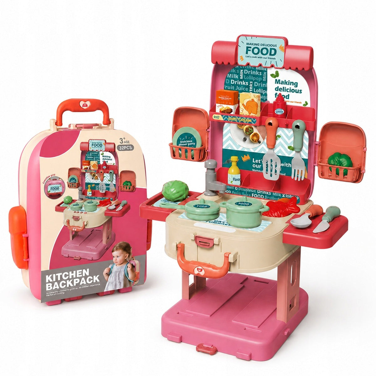 Children's kitchen plastic in backpack household appliances 32 el. light sound 3+ Packaging status original
