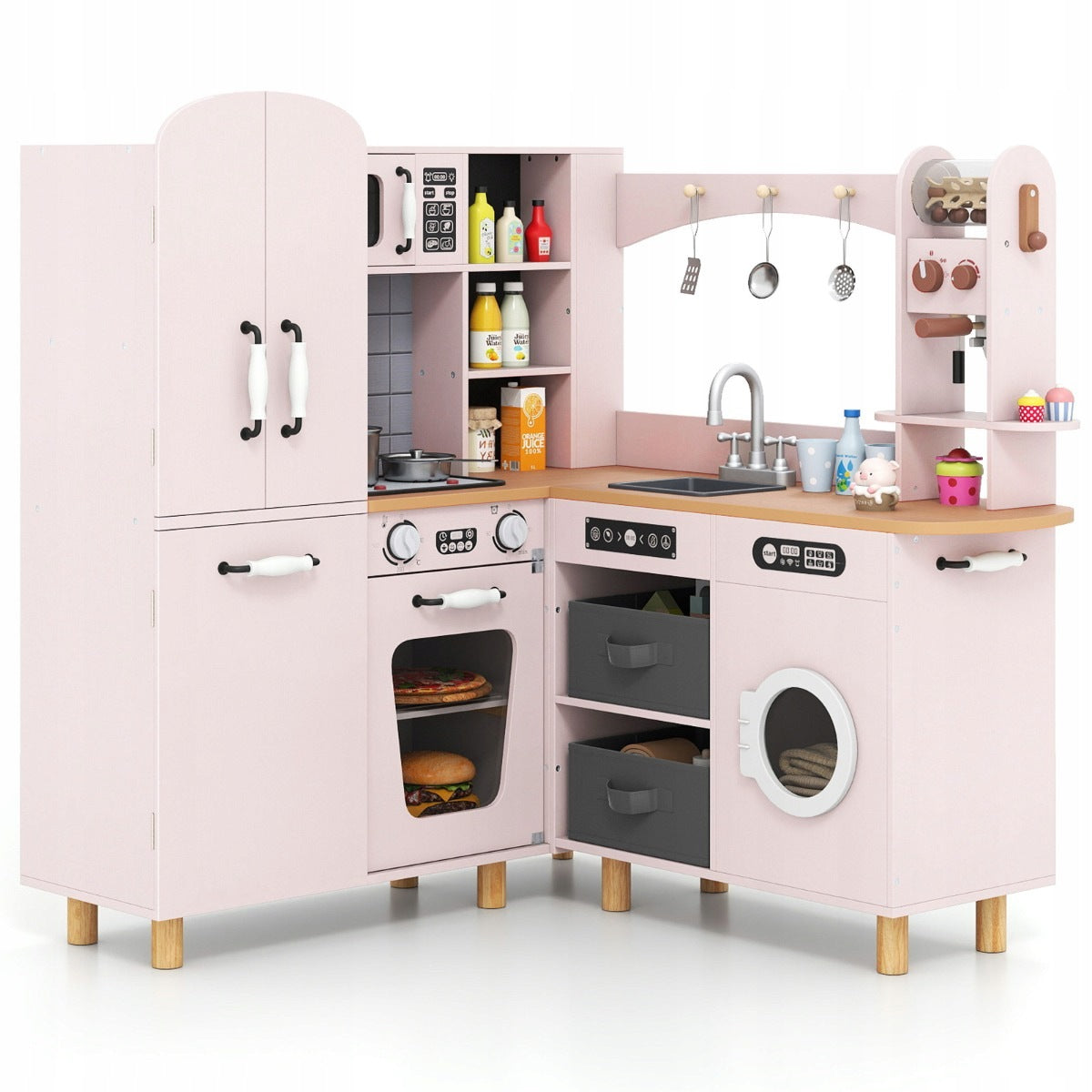 Children's kitchen with coffee machine and washing machine pink