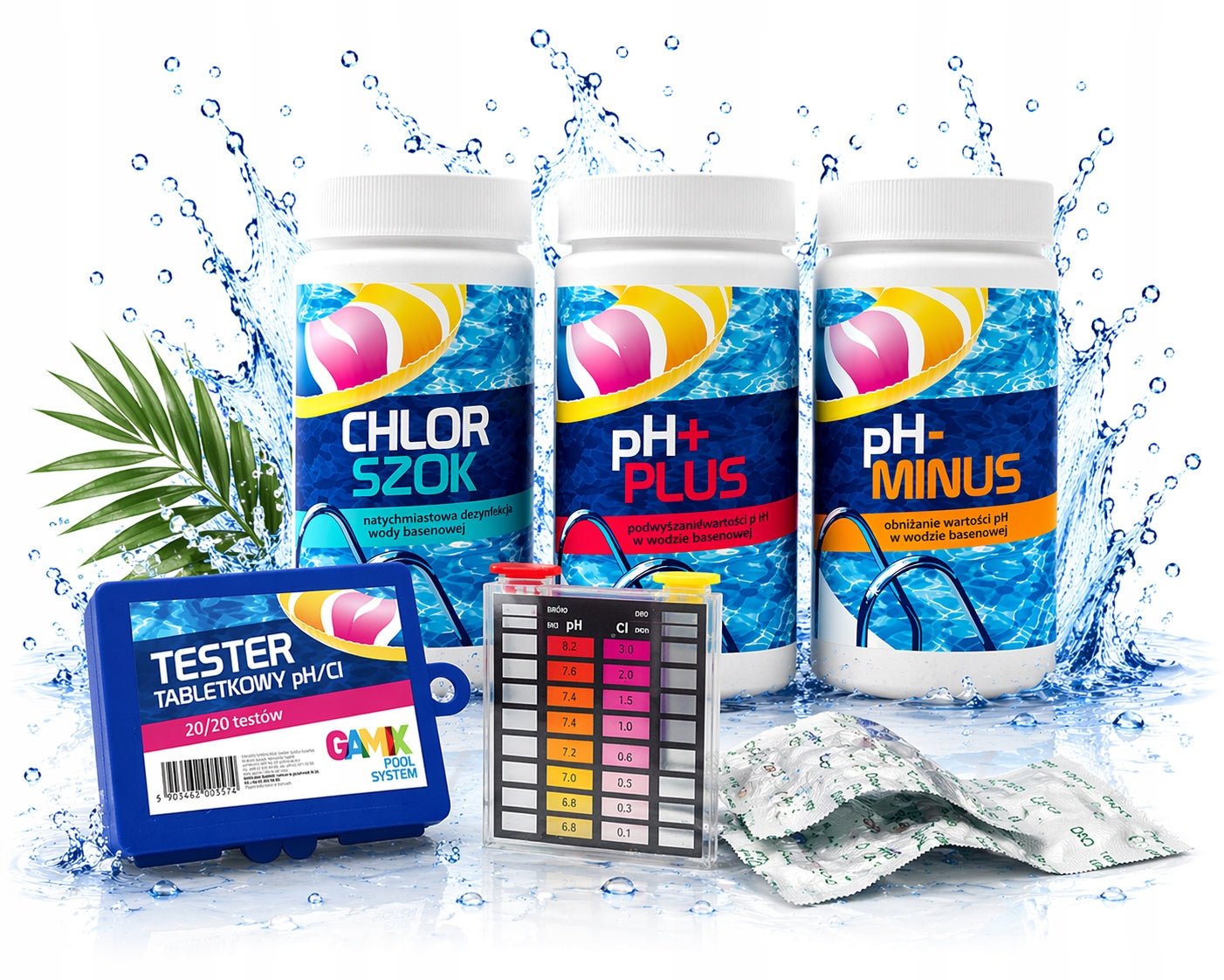 Chlorine Shock + pH Plus Minus + Tester Set Pool Chemistry 4in1