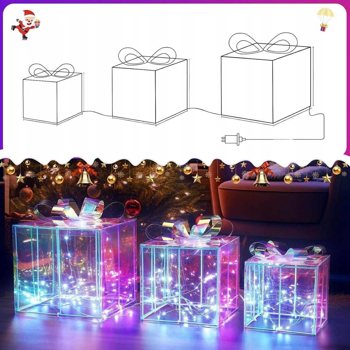 Christmas Decorations LED Gift Boxes Glowing 3pcs with Timer Brand no brand