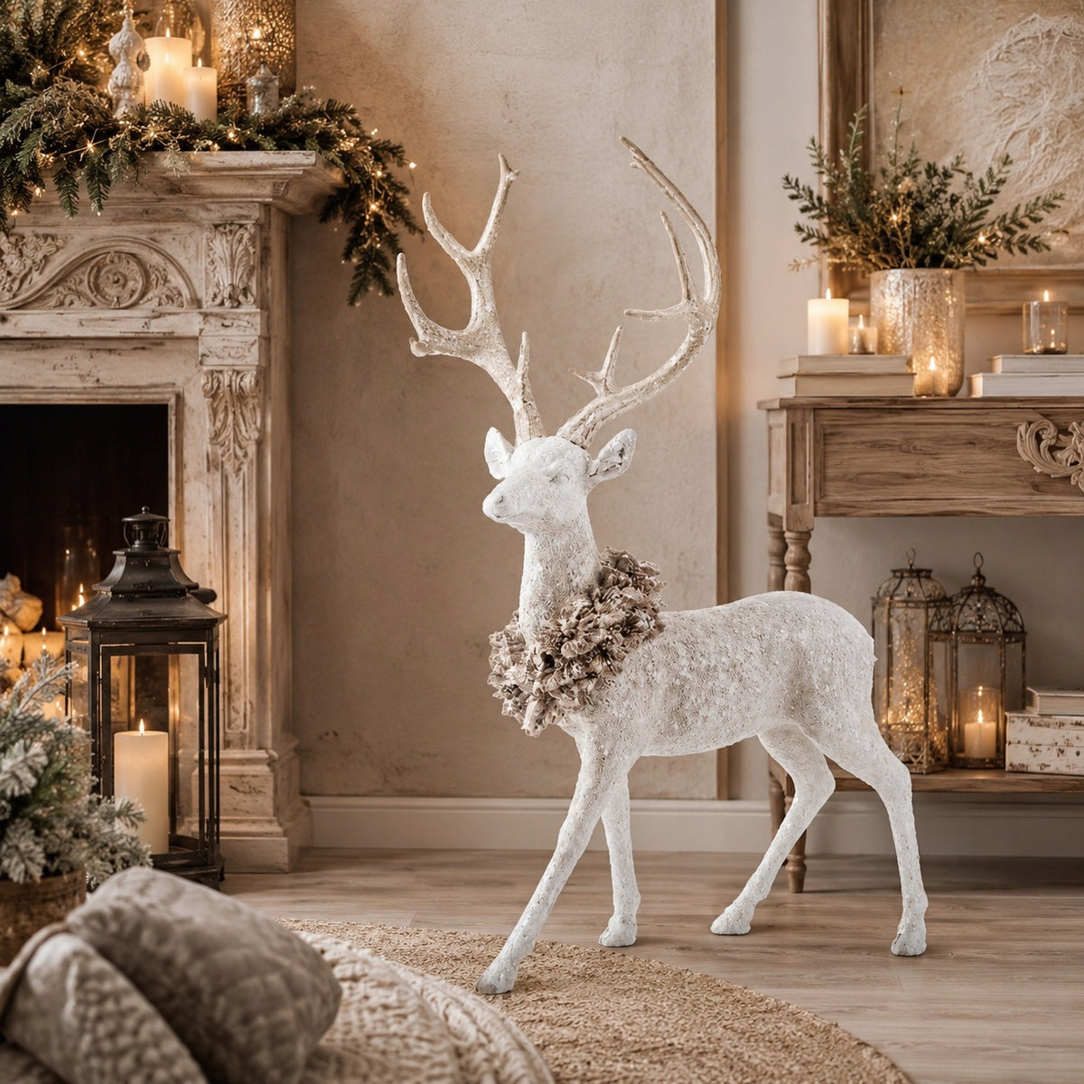 Christmas Figurine Deer Standing White and Gold Decoration Reindeer Ornament Packaging status original