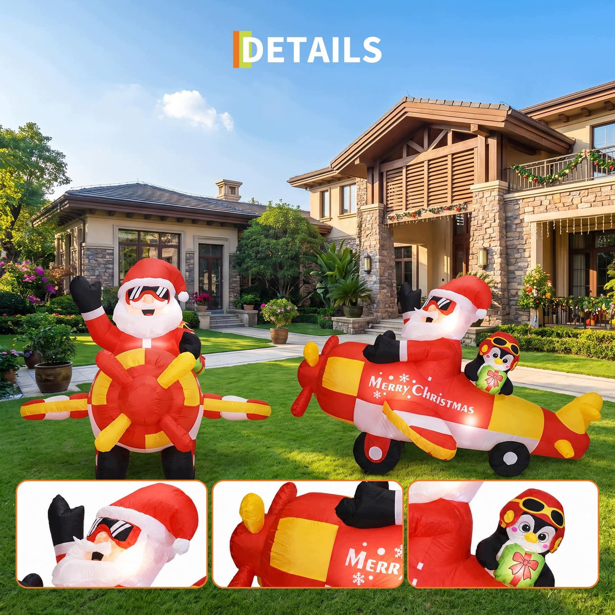 Christmas Inflatable Santa on Airplane with Penguins, LED Lighted Product height 160 cm