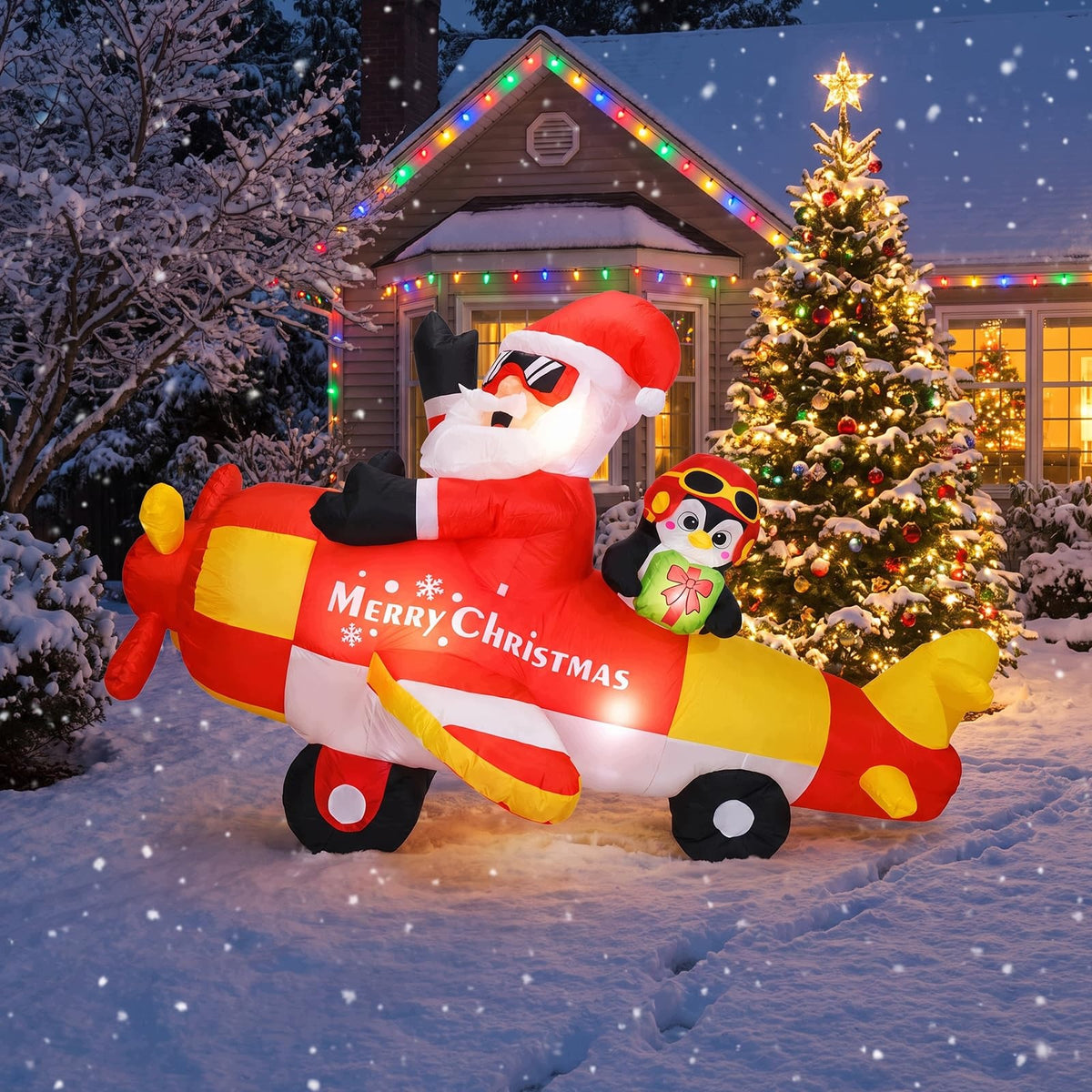 Christmas Inflatable Santa on Airplane with Penguins, LED Lighted