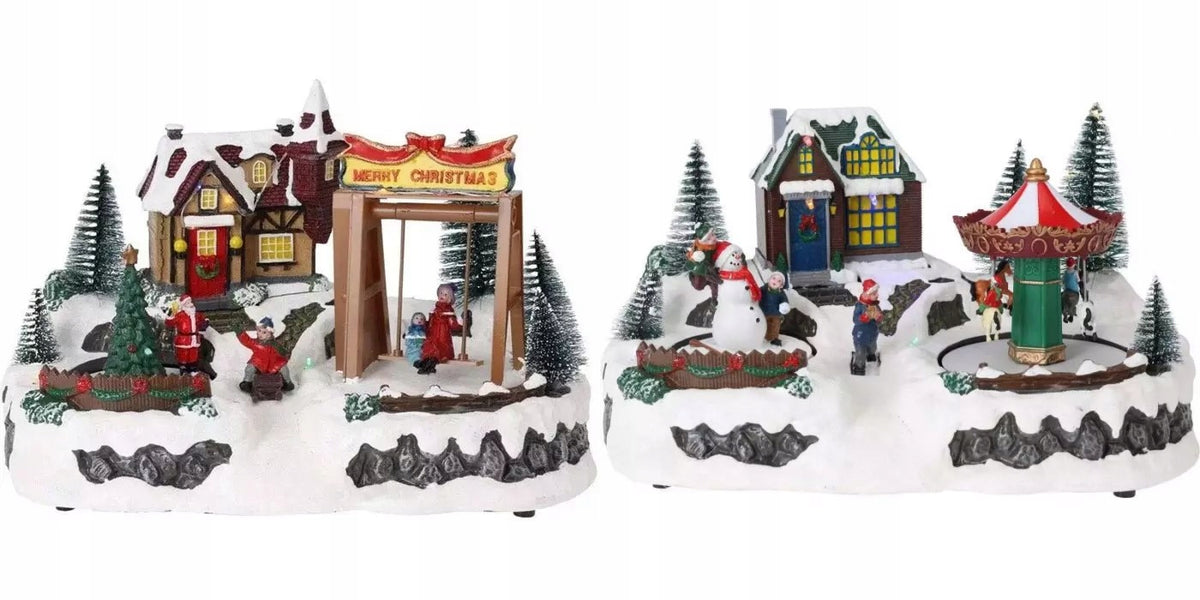 Christmas LED village 29cm with moving elements – with carousel or swing