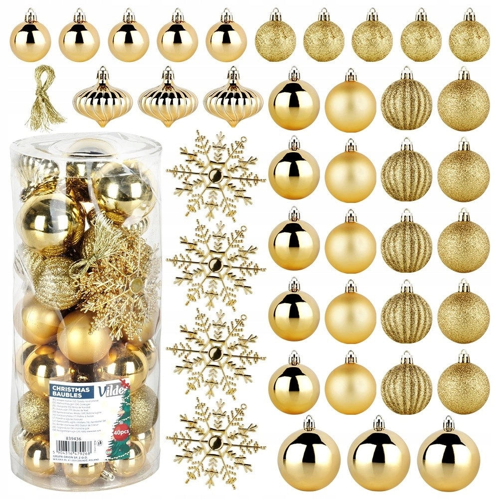 Christmas Tree Baubles VILDE Gold 40 pcs. Various Sizes with Snowflakes