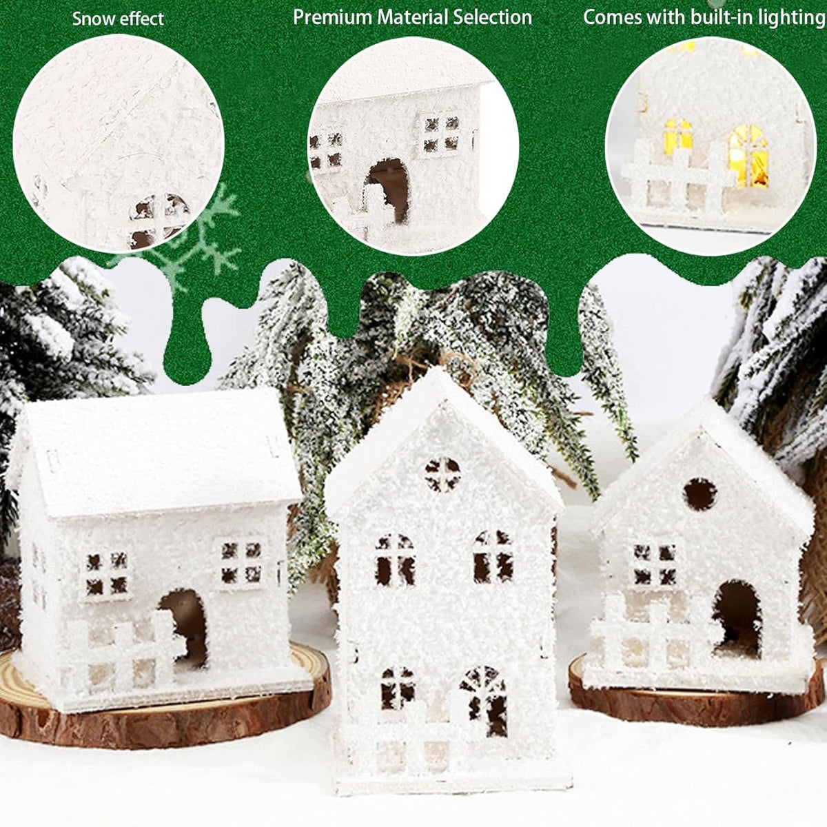 Christmas Village Decoration Wooden LED Set of 12 Pieces Beige 20 cm Product height 39 cm