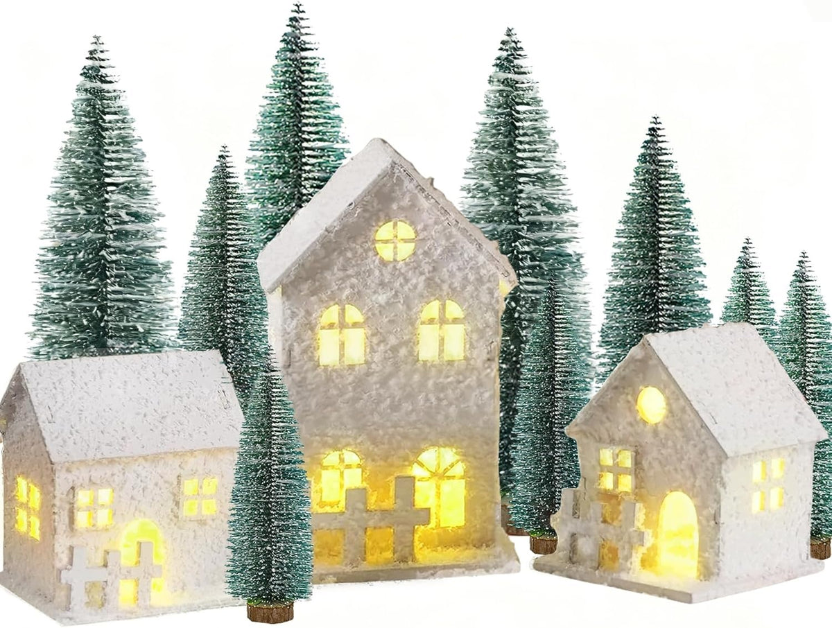 Christmas Village Decoration Wooden LED Set of 12 Pieces Beige 20 cm