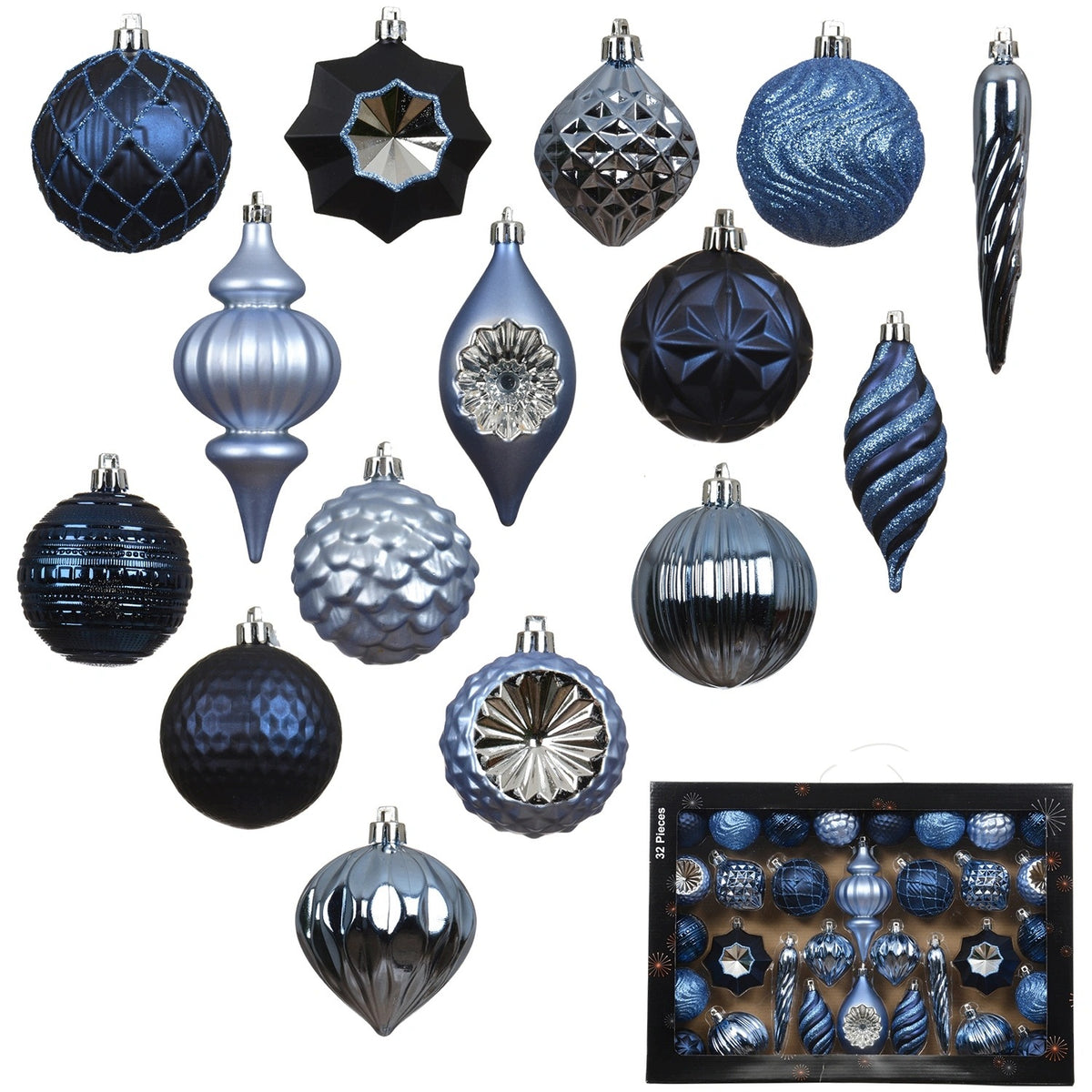 Christmas balls blue 32 pcs mix patterns icicle ornaments pendant