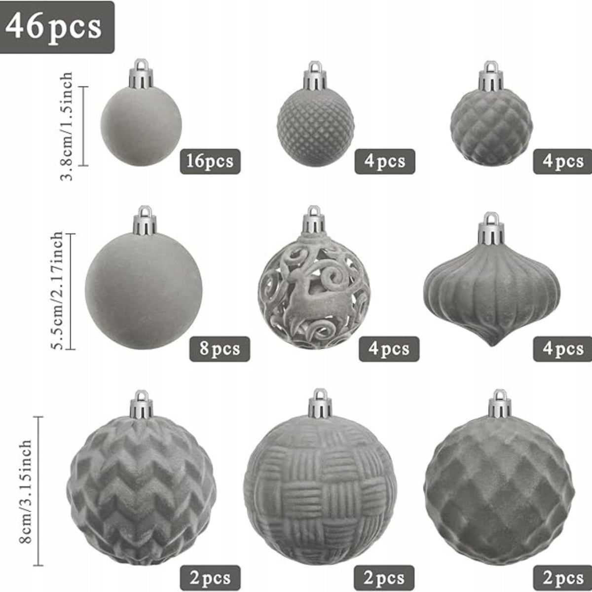 Christmas balls velour grey 46 pcs 40 60 80 mm unbreakable set Brand no brand