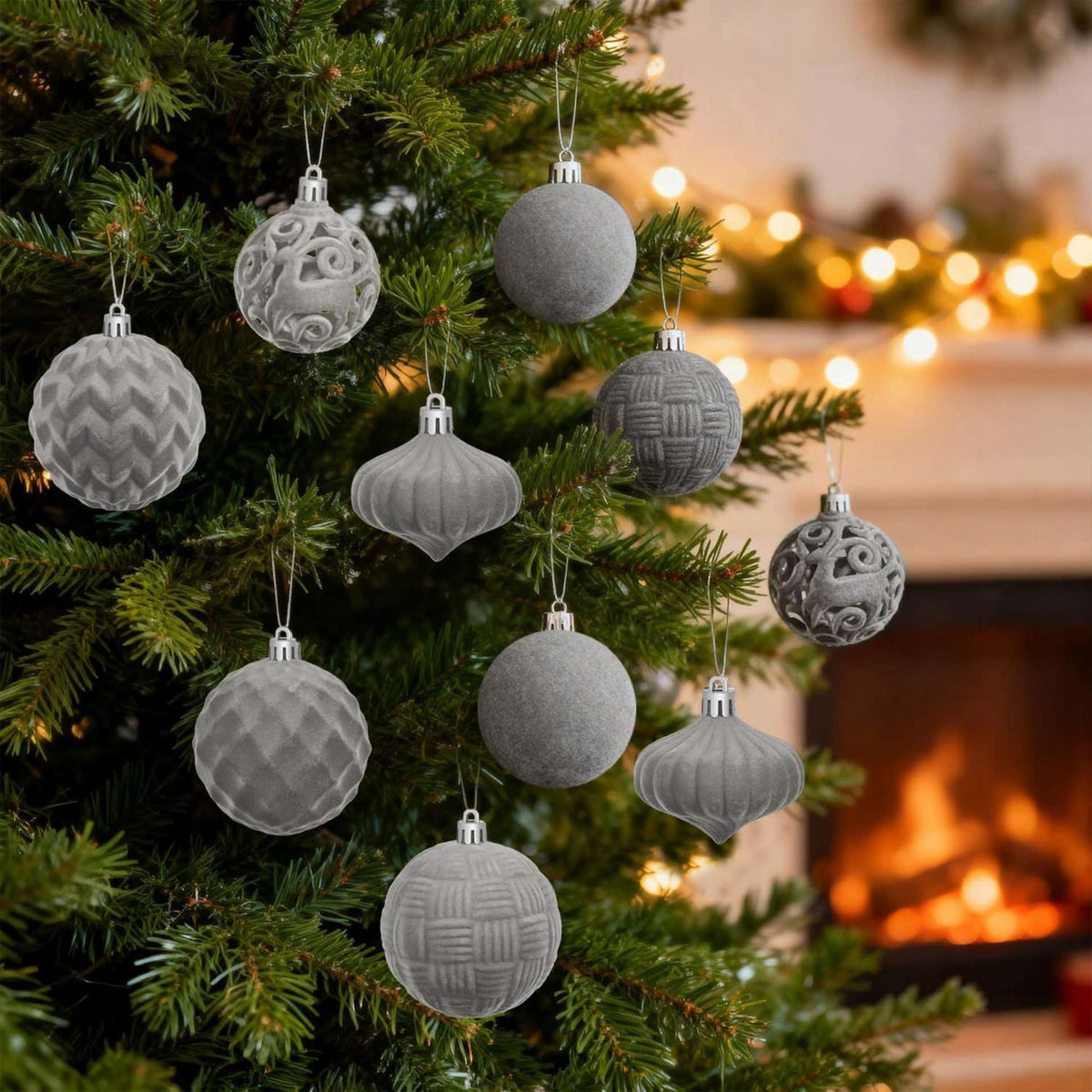 Christmas balls velour grey 46 pcs 40 60 80 mm unbreakable set Packaging status original