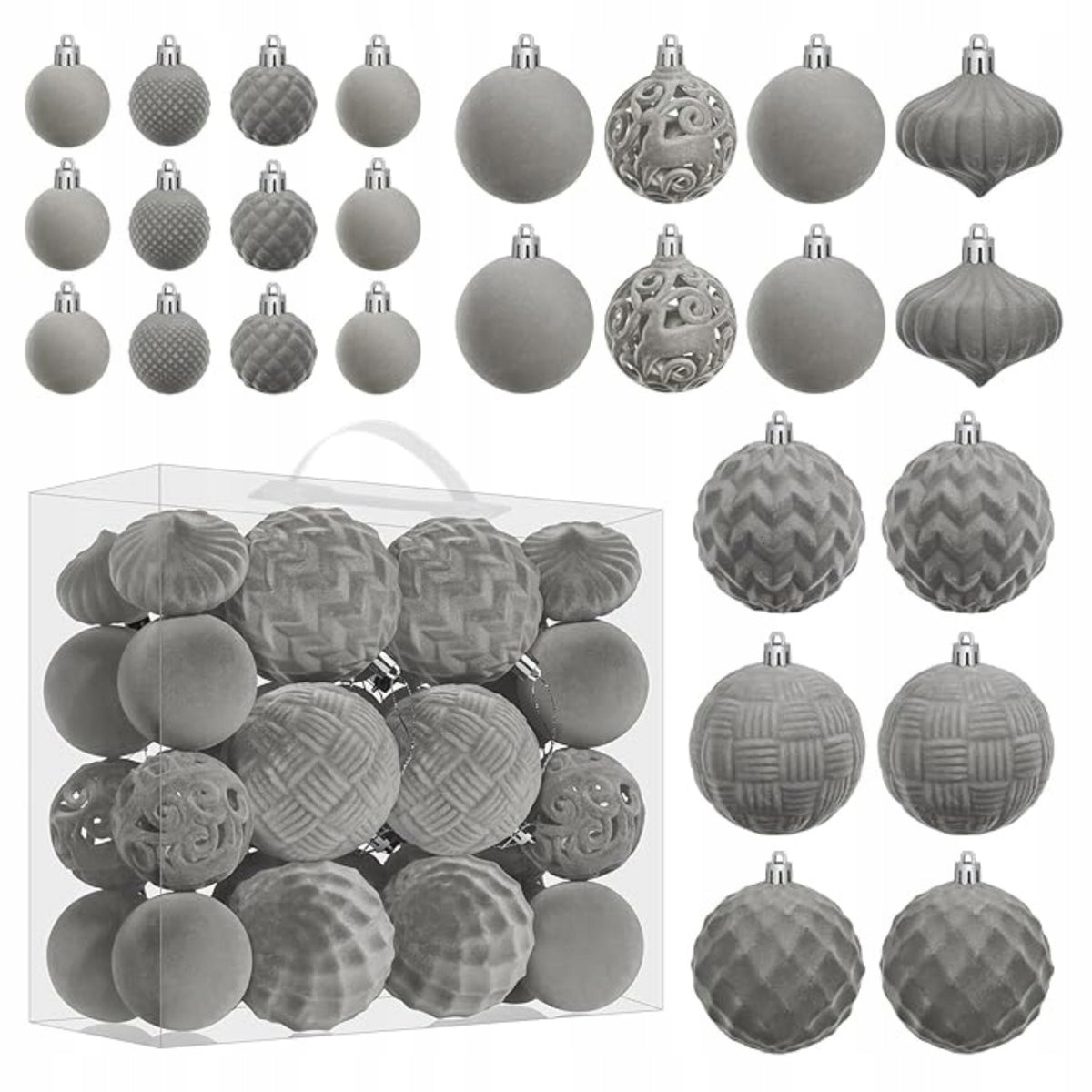 Christmas balls velour grey 46 pcs 40 60 80 mm unbreakable set