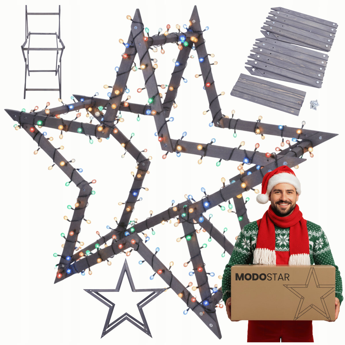 Christmas star 3D improved with goats ModoStar 139cm wood IMPREGNAT