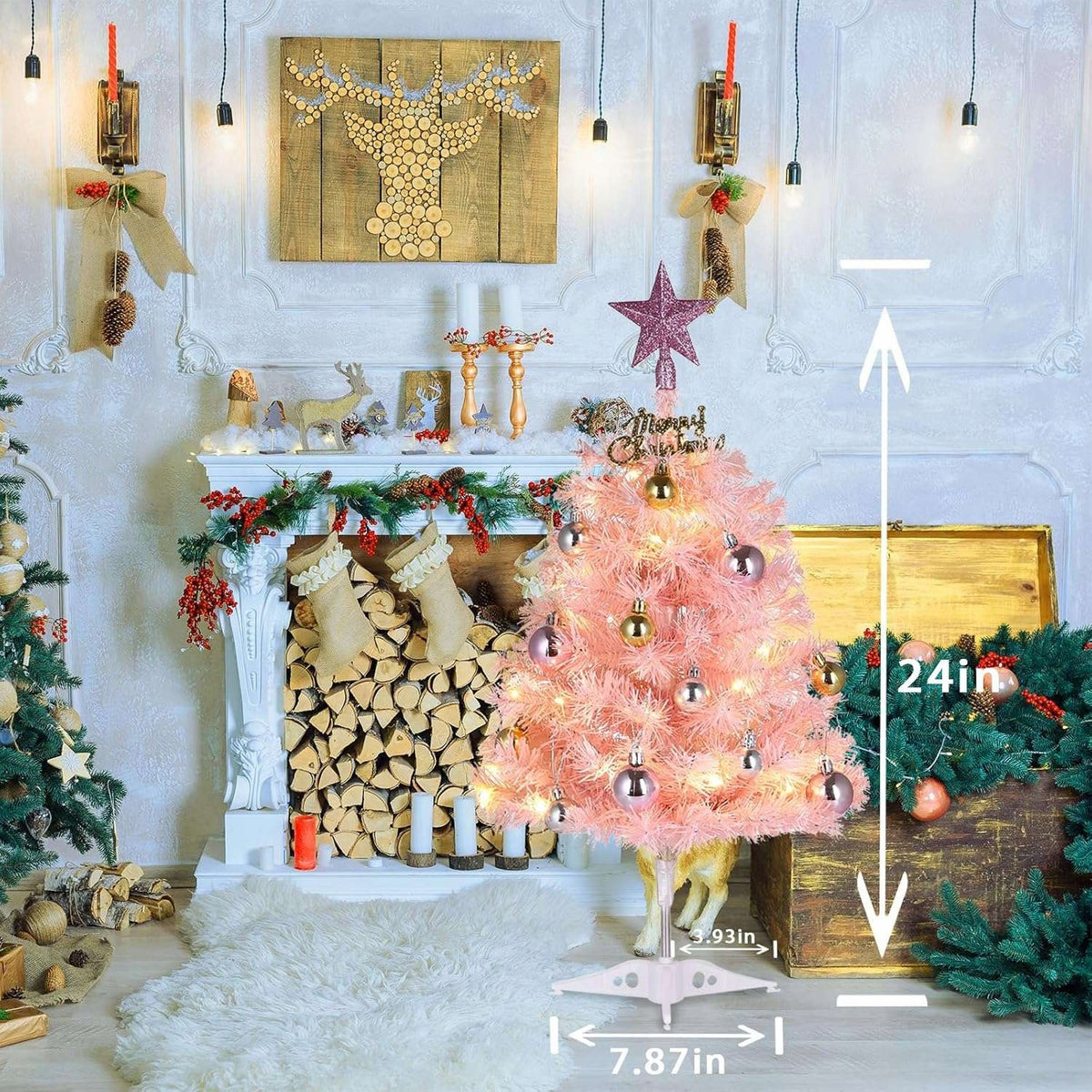 Christmas tree artificial mini decorative pink with baubles lights star 60cm Brand no brand