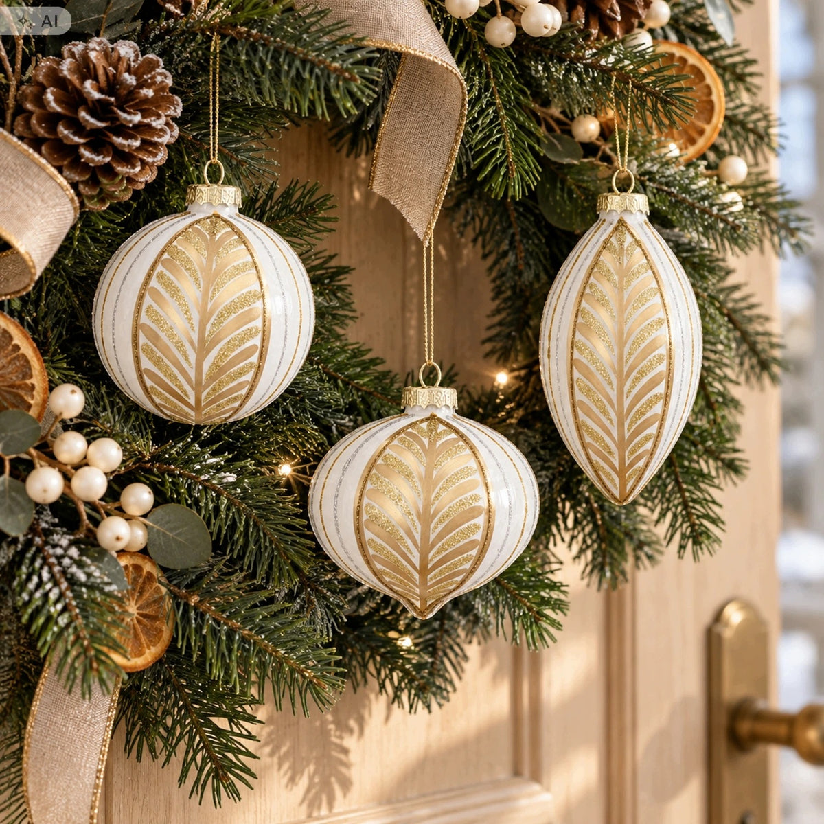 Christmas tree baubles 8 cm white and champagne 6 pcs. Christmas tree decorations Packaging status original