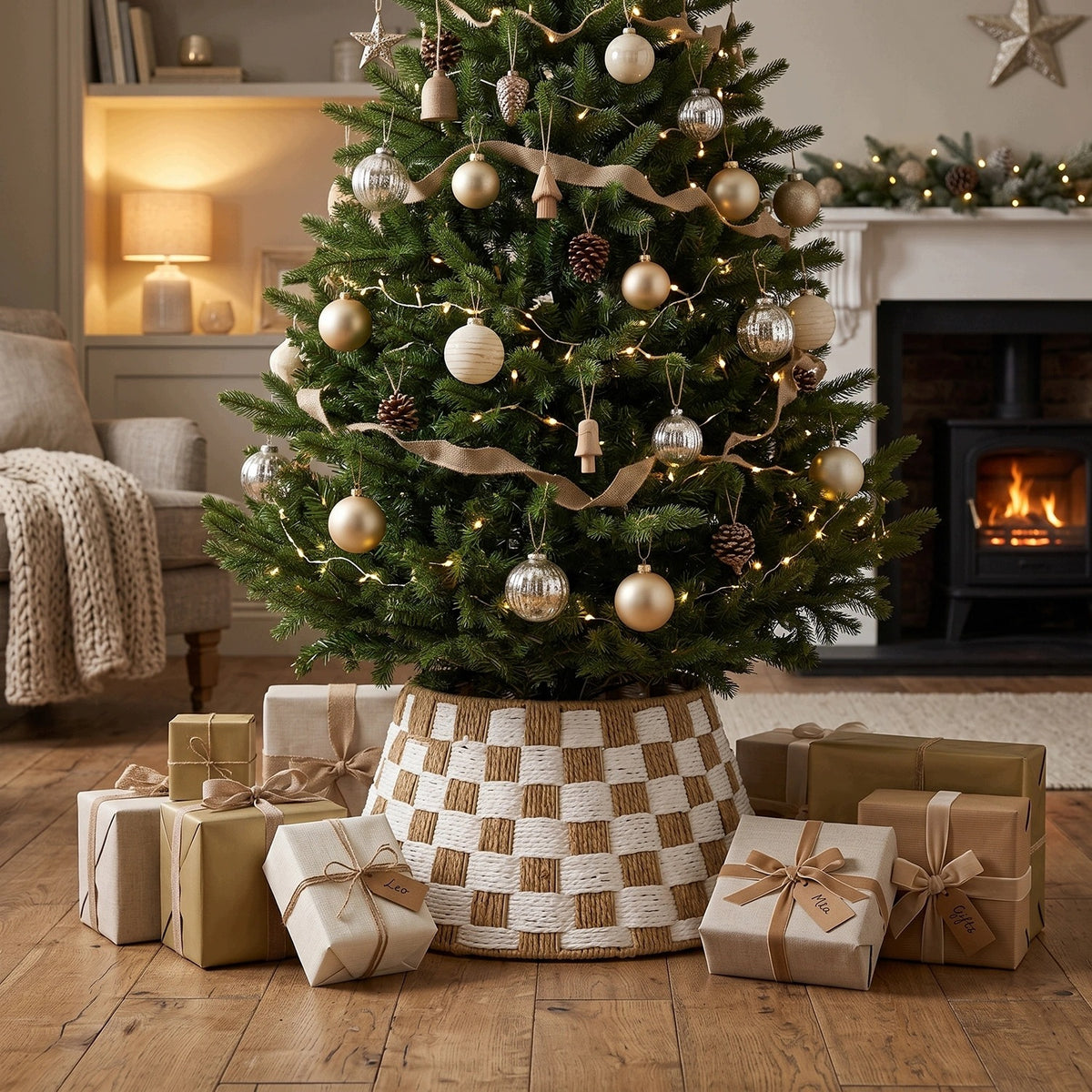 Christmas tree cover 57 cm white and natural chessboard decorative basket Brand Kaemingk