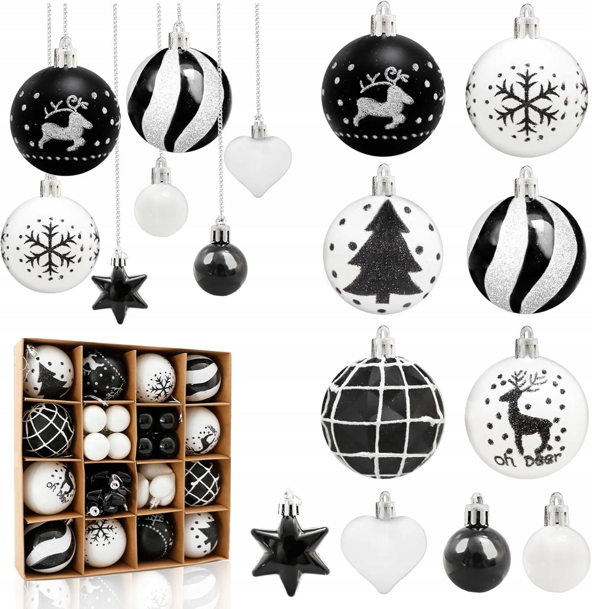 Christmas tree decorations 38pcs black and white 6cm plastic mat set